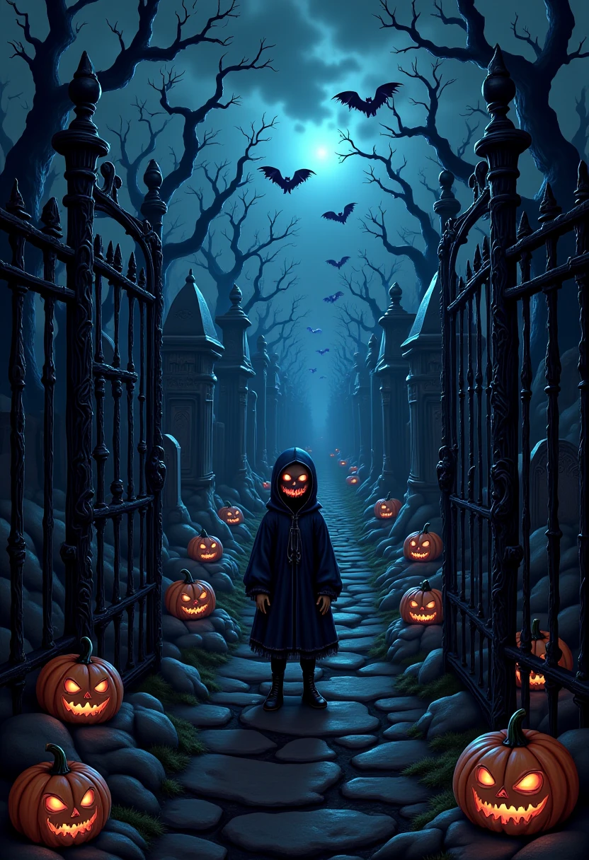 A cemetery with twisted iron gates, fog creeping along the ground, and  Halloween pumpkins glowing sinisterly. Bats flitter overhead, and a pixel goth figure  stands with a jack-o-lantern mask, staring into the darkness. This has the feel of  a haunting video game level with Gothic undertones dark yet nostalgic, like you'd see  in retro horror game artwork.  , PastelGothDarkCircusDaal