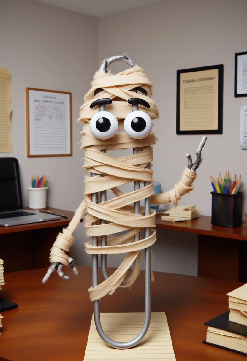 <lora:Mummifier_FLUX:0.9> <lora:Clippy20_-_Microsoft_Office_F1D:1>
The image is a realistic photo featuring Clippy with big eyes dressed as a mummy on an office desk.