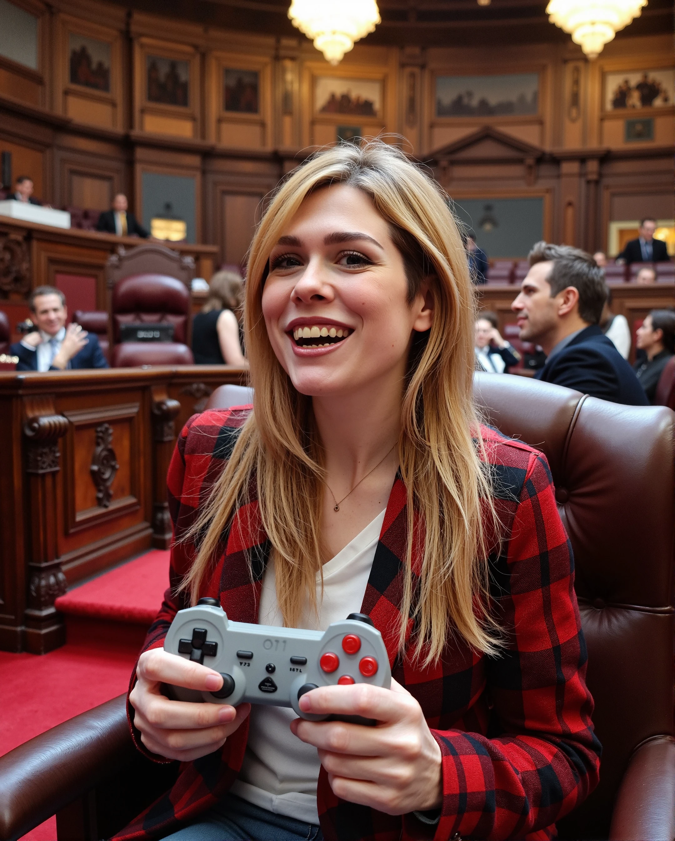 a photograph capturing L3M01N3 as marinagamer in congress seated in a parliamentary chamber, given the richly detailed, dark wooden furniture and plush red carpeting in the background. L3M01N3 as marinagamer is centrally positioned in the image, sitting in a dark brown leather chair with intricate wooden armrests. With long londe hair, L3M01N3 wears a red and black plaid shirt with a white shirt underneath, reflecting both elegance and a laid-back vibe. What stands out is the gray game controller with red and white buttons that L3M01N3 holds in her hands. This quirky detail highlights her dual identity as both a congressperson and a passionate gamer. The background features dark, polished wood paneling with intricate carvings, contributing to the formal and serious atmosphere of the setting. Other people blurred, can be seen in the background, suggesting a crowded environment in the congress. The soft lighting from overhead chandeliers casts a gentle glow, highlighting the textures and details of the furniture and L3M01N3's attire. The overall ambiance suggests a high-level political or governmental gathering, yet the presence of the game controller introduces a playful element, perfectly capturing L3M01N3's unique personality.<lora:flux\personas\Lemoine_Flux.safetensors:1.0:1.0>