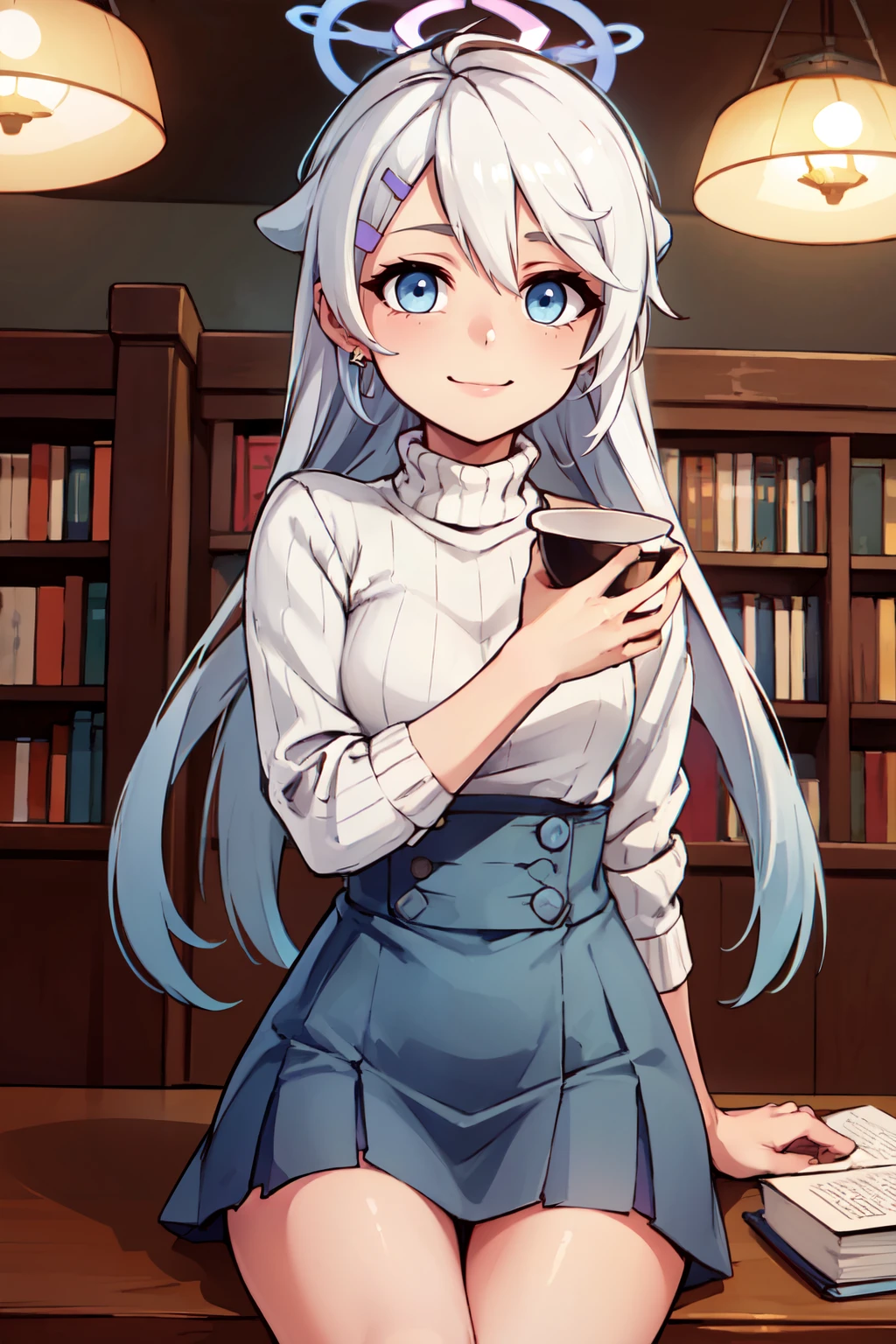 ((masterpiece,best quality)), absurdres,  BREAK, , <lora:Kirino_BlueArchive_Citron:0.8>, , zzKirino, white hair, halo, long hair, blue eyes, blue halo, hair ornament, hair between eyes, hairclip, BREAK, turtleneck sweater, earrings, library, cup of coffee, sitting at table, BREAK, solo, smile, looking at viewer, cowboy shot,