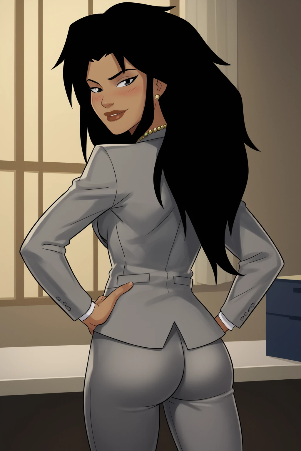 PonyXLV6_Scores BREAK (perfect anatomy, perfect eyes, cowboy shot) BREAK <lora:Cheshire:0.8> jade nguyen, long hair, black hair, dark-skinned female, black eyes, flirting, raised eyebrow, blush, ((looking back at viewer)), jewelry, necklace, suit, no bra, pants, curvy, toned, athletic, standing, hands on hip, showing off ass, in luxurious office, indoors