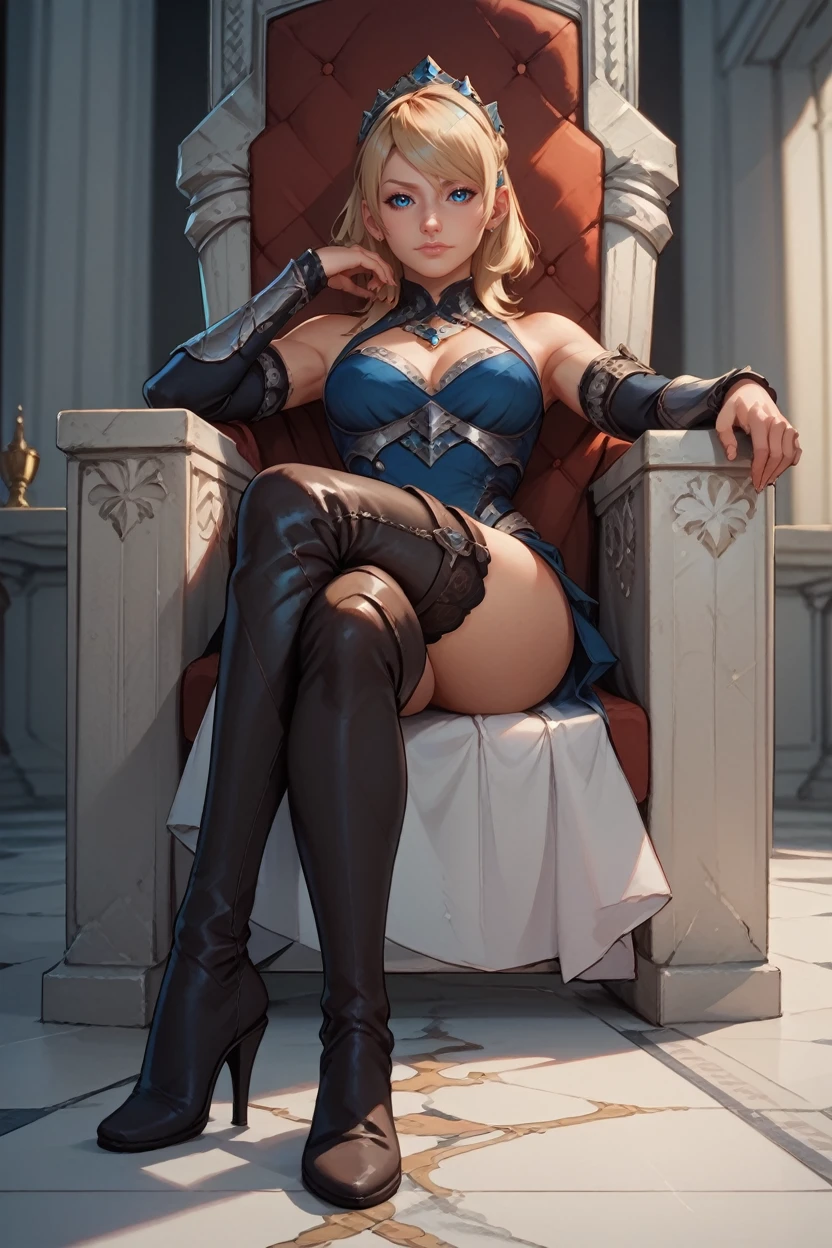 score_9, score_8_up, score_7_up,
<lora:FFLuna:0.8>
FFLuna, 1girl, blonde hair, blue eyes, looking at viewer, sitting, throne, crossed legs, indoors, thigh boots