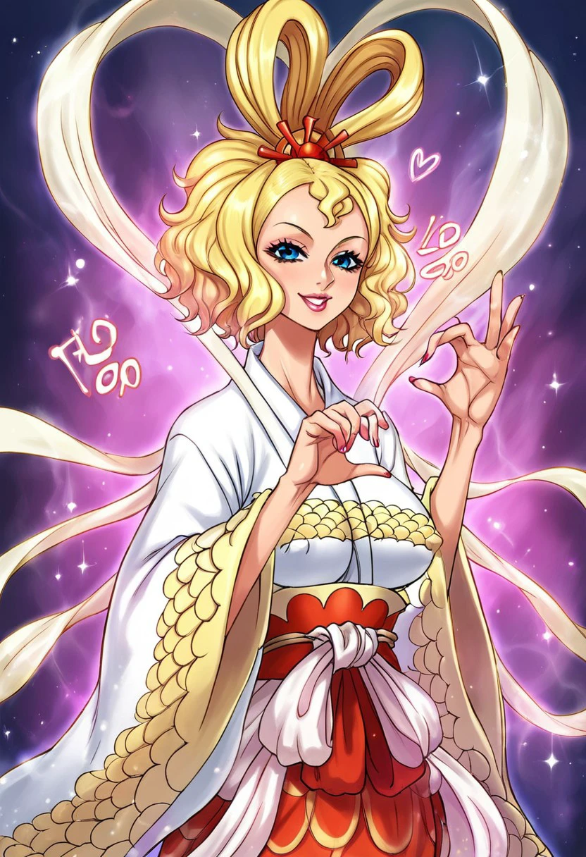 QueenOtohime, 1girl, solo, monster girl, mermaid, blonde hair, blue eyes, lips, makeup, lipstick, hair ornament, short hair, wavy hair, large breast, shawl, hair rings, japanese clothes, wide sleeves, sash, kimono, long sleeves, dress ornament, nail polish, ribbons, hagoromo, scales,seductive pose, sexy pose,heart hand gesture, smile, joy,
score_9, score_8_up, score_7_up, beautiful aesthetic, very intricate, high quality details,vibrant, highly detailed, award-winning, professional,anime artwork, anime style, studio anime, athletic, toned female,muscular milf,curvy body, athletic girl,fit girl, perky tits,huge breast,perfect tits, round breasts, nipple outline,looking at viewer, pinup pose,teasing, dynamic lighting, cinematic, smug, better than you, aura of temptation, highly detailed, high resolution, masterpiece, detailed clother, detailed background, highly detailed, ((sound effects)) comic layout,ARTSTYLE_OnePiece_MangaColored_ownwaifu