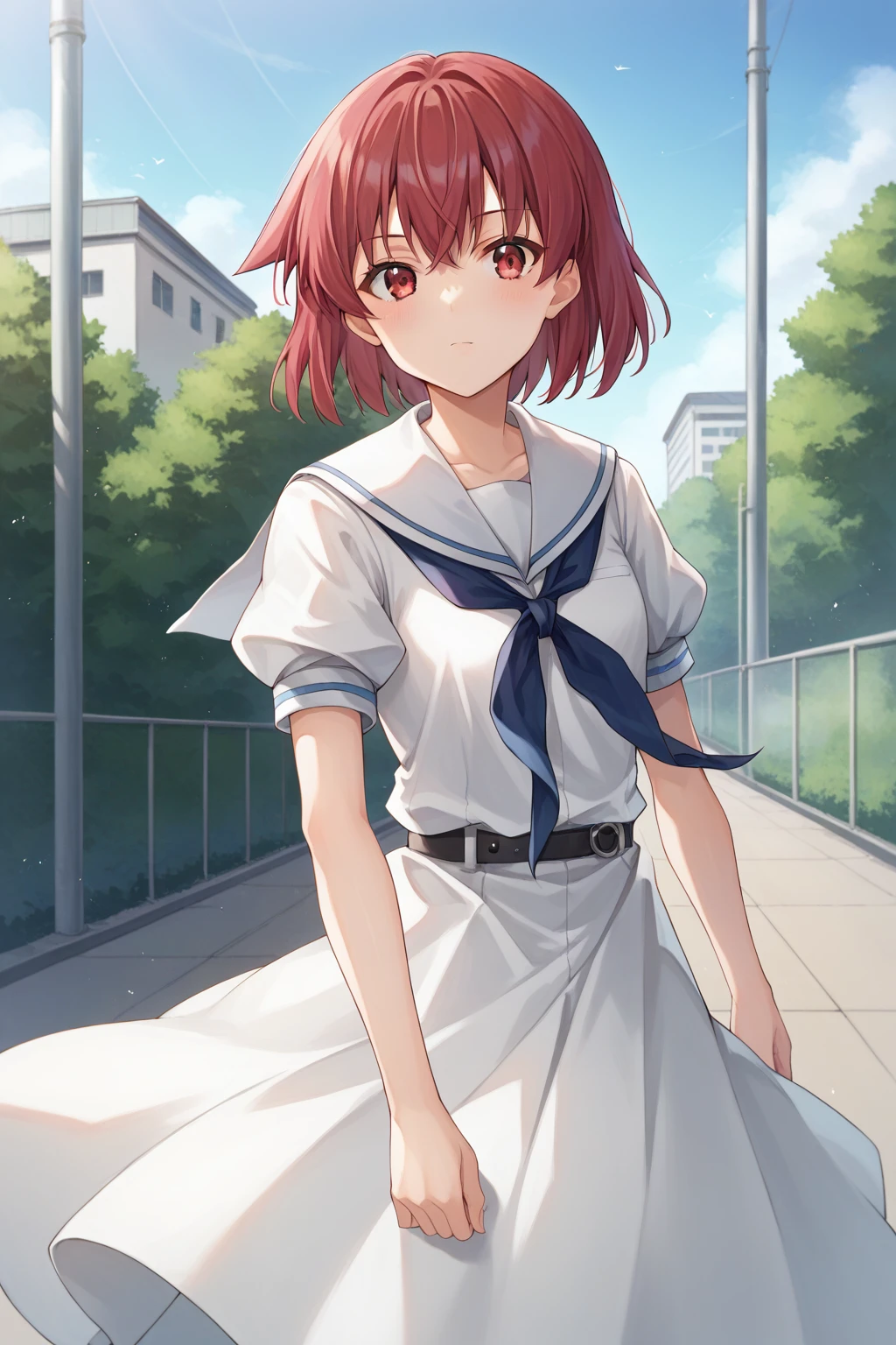 score_9, score_8_up, score_7_up, source_anime, terumiyanaga, 1girl, solo, red hair, medium hair, red eyes, school uniform, serafuku, white dress, sailor dress, white sailor collar, blue neckerchief, short sleeves, puffy sleeves, puffy short sleeves, black belt, looking at viewer, outdoors, cowboy shot,   <lora:miyanaga_teru_XL:0.9>