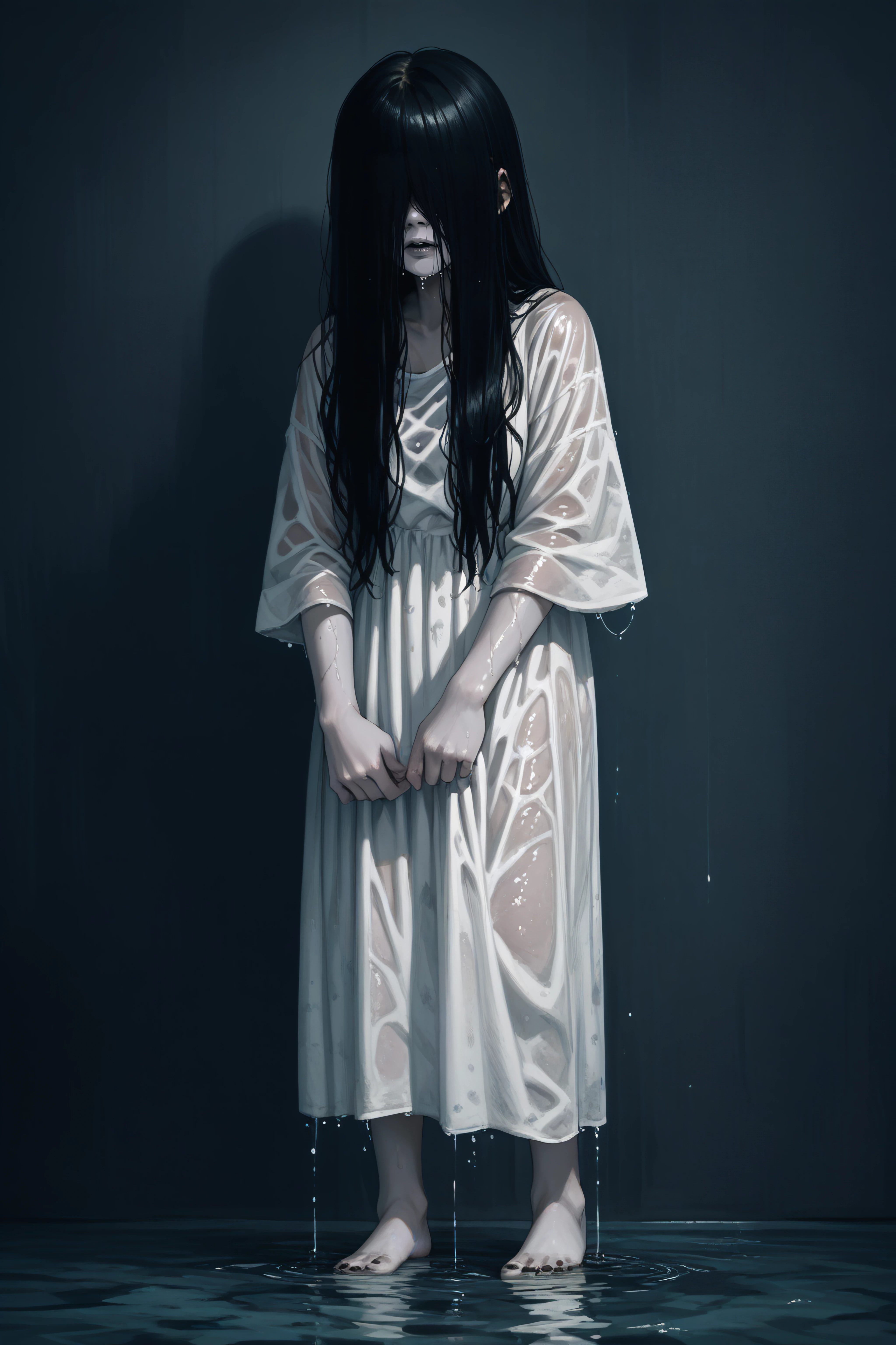 score_9, score_8_up, score_7_up, score_6_up, source_anime, <lora:yamamura sadako-PonyXL-lora-Faxtron:1> yamamura sadako, hair over eyes, black hair, long hair, pale skin, white dress, wet clothes, horror \(theme\),  barefoot,