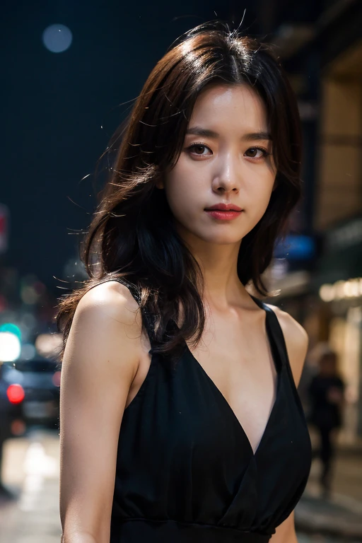 mature, (upper body:1.2), nikon RAW photo, 8 k, long hair, Fujifilm XT3,masterpiece, best quality, realistic, photorealistic, ultra detailed, extremely detailed face, solo,1girl, standing, close up, black dress, walking, at the dark streets, moonrise, sleeveless, fabric clothes,