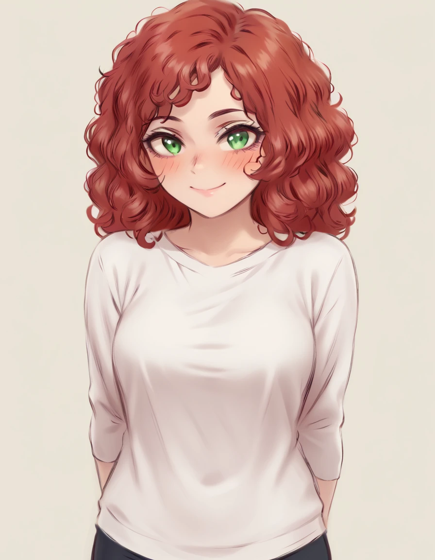 <lora:Shpo_test:1>shpo, 1girl, red curly hair, standing, white tshirt, hands behind back, green eyes, smile, blush, looking away, simple background