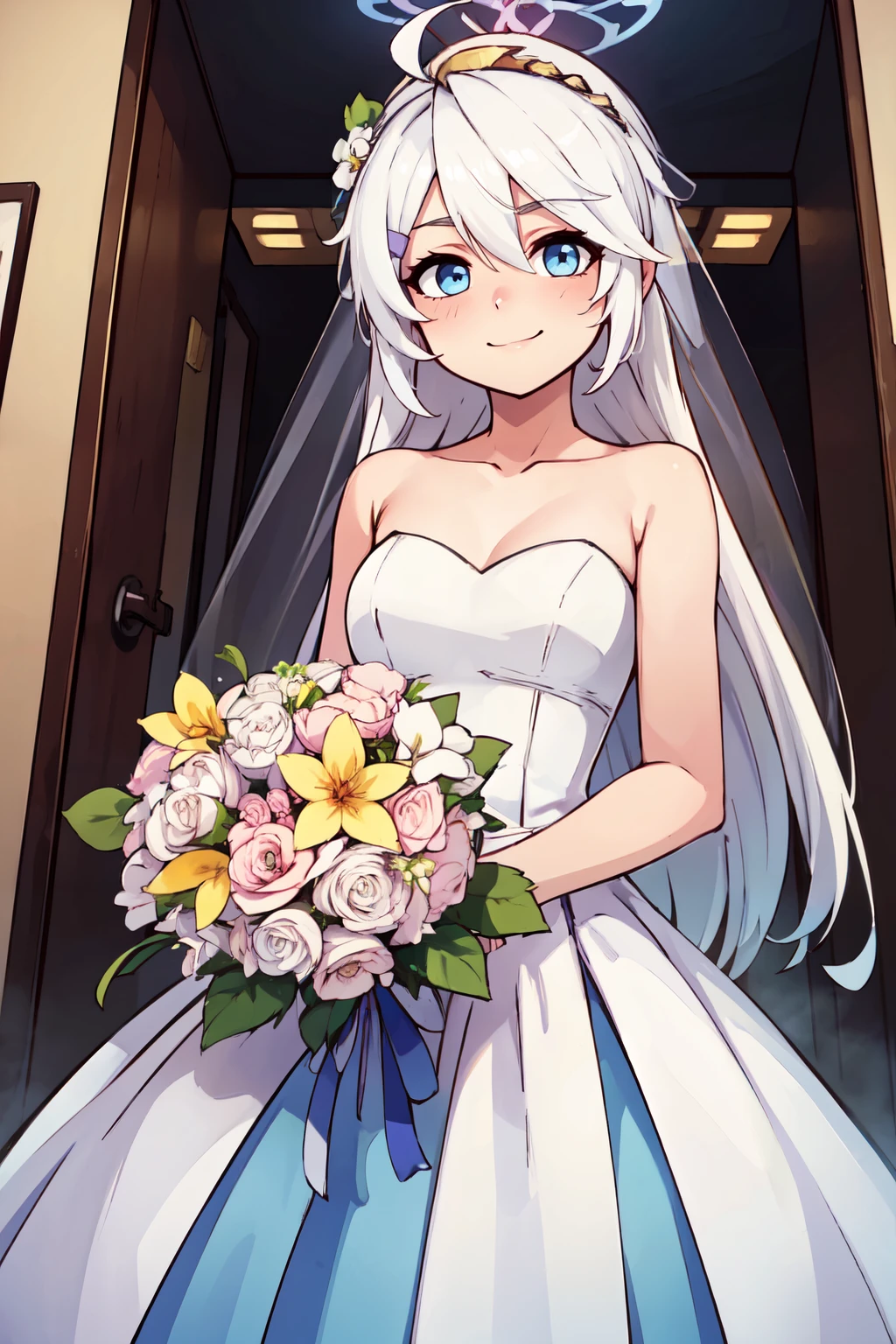 ((masterpiece,best quality)), absurdres,  BREAK, , <lora:Kirino_BlueArchive_Citron:0.8>, , zzKirino, white hair, halo, long hair, blue eyes, blue halo, hair ornament, hair between eyes, hairclip, BREAK, bride, wedding dress, bridal veil, strapless dress, elbow gloves, holding bouquet,, BREAK, solo, smile, looking at viewer, cowboy shot,