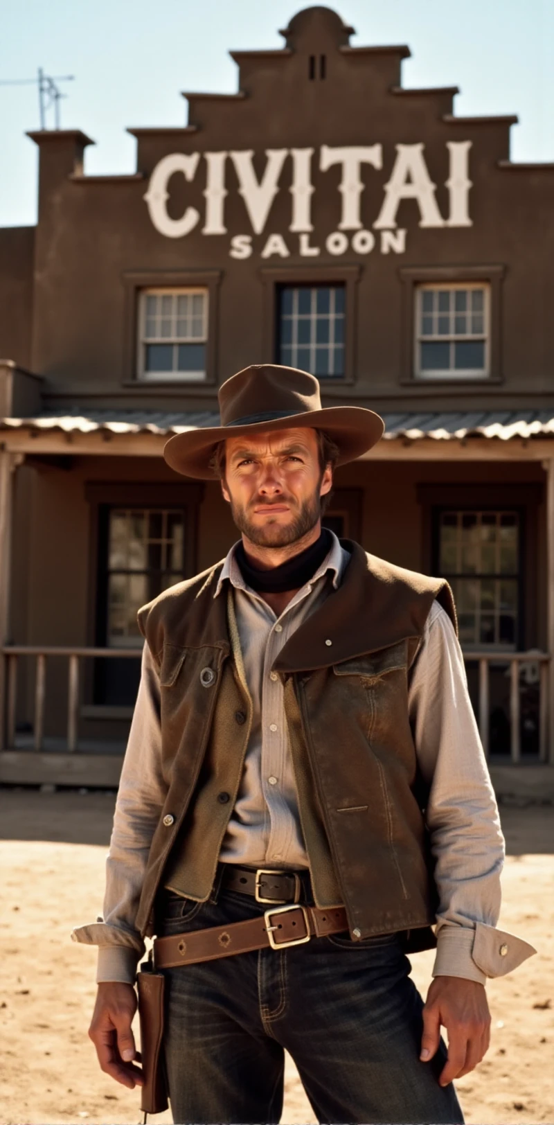 The man with no name is wearing a cowboy outfit and a hat. he is standing in front of a farwest saloon with the text "CIVITAI Saloon". <lora:The_man_with_no_name:0.9>