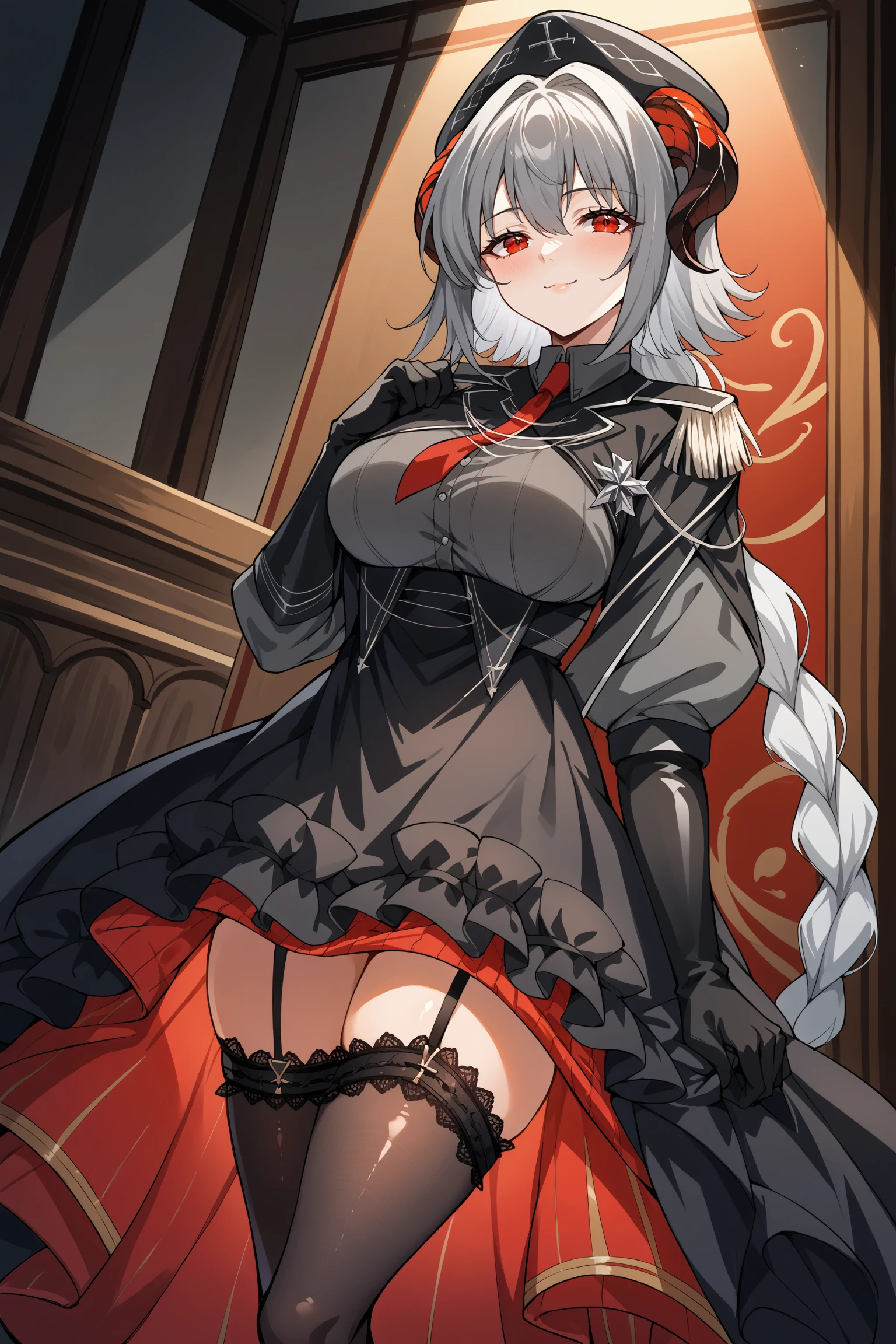 Bloodfallen Shalltear from Overlord, vampire fighter, (( tight soft black evening dress with a big heavy skirt, lace embellished ribbon and a short tailored jacket, giant ribbon on hair, multilayer skirt, hairpin, wine liquid)), (white skin, white long pony tail hairstyle, bright red pupil, bloody effect on body, anxiety aura, petite body shape), (masterpieces, high resolution, fantasy art), queen bedroom background