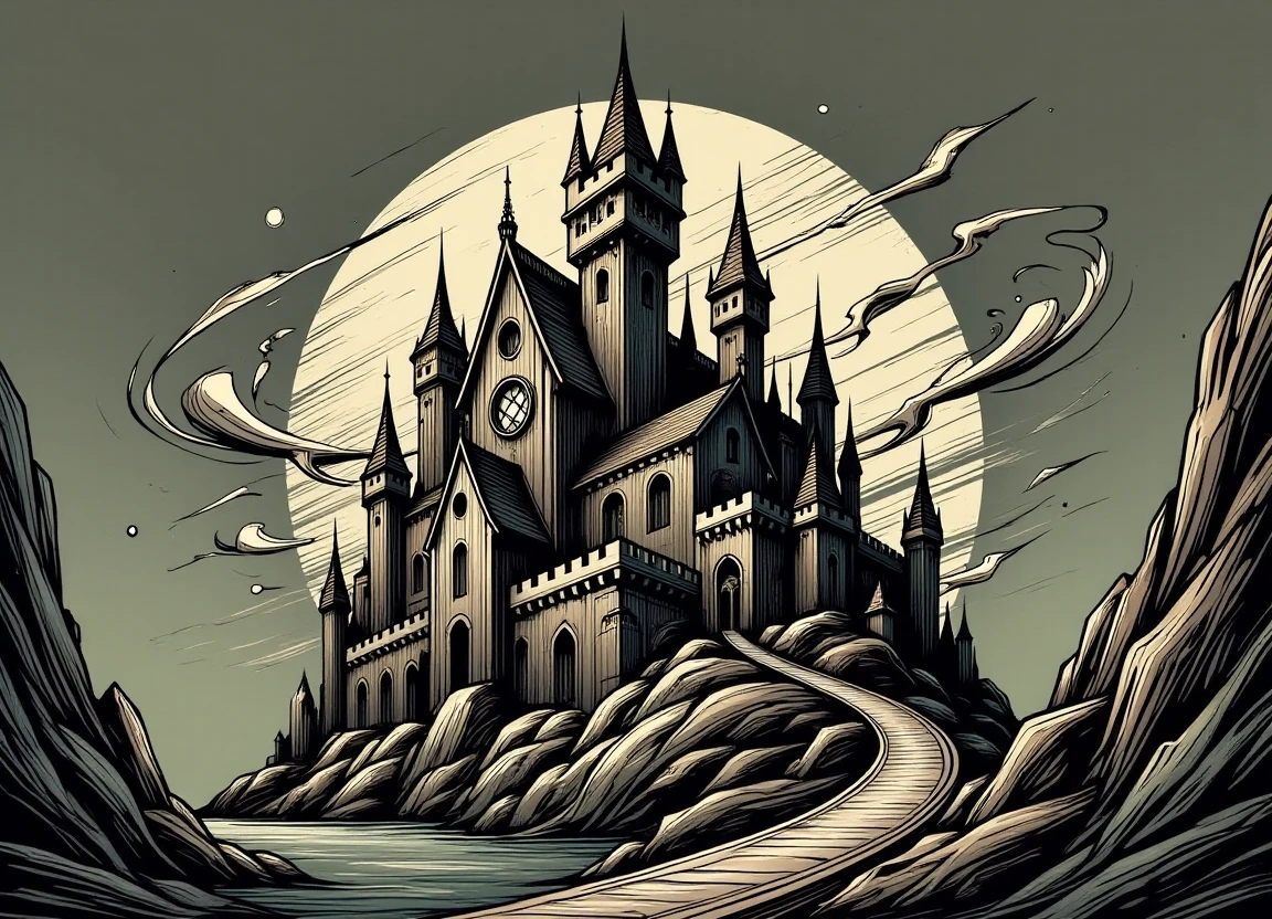 A dark and ominous victorian gothic castle stands atop a craggy hill under a full moonlit sky. A chill wind blows through the battlements as a lone pirate zombie with sunken eyes and tattered sails emerges from the darkness, its presence marked by an unsettling chuckle that sends shivers down the spines of nearby broomsticks.