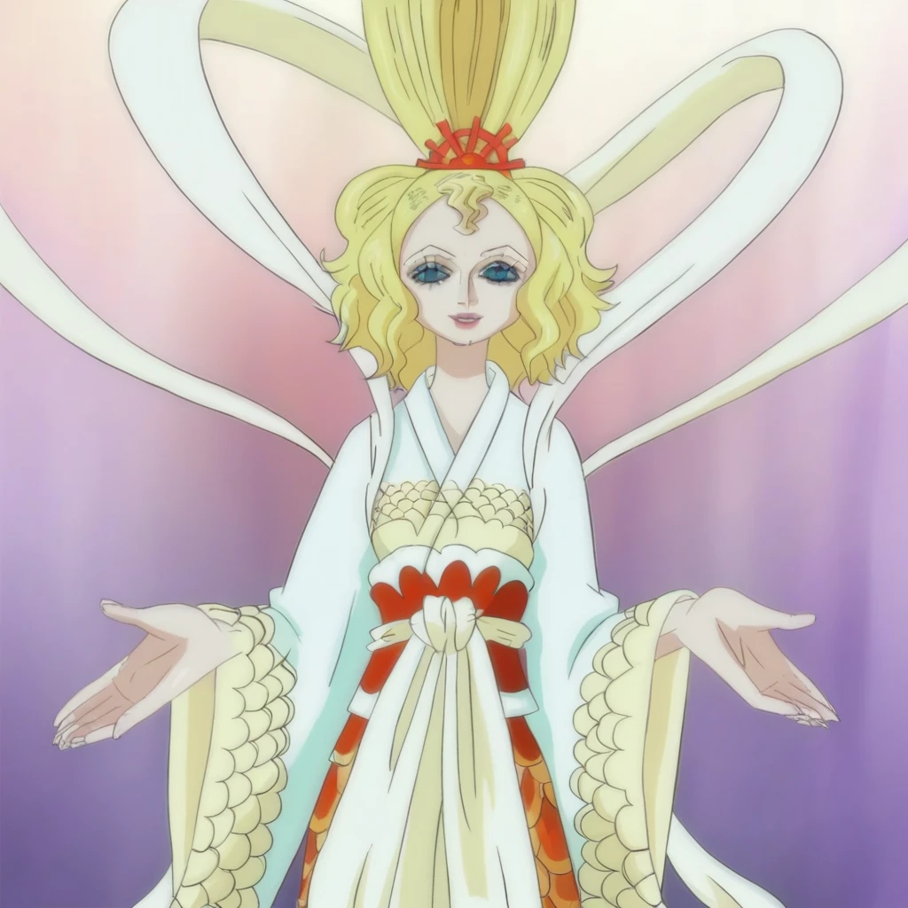 QueenOtohime, 1girl, solo, monster girl, mermaid, blonde hair, blue eyes, lips, makeup, lipstick, hair ornament, short hair, wavy hair, large breast, shawl, hair rings, japanese clothes, wide sleeves, sash, kimono, long sleeves, dress ornament, nail polish, ribbons, hagoromo, scales, seductive pose,