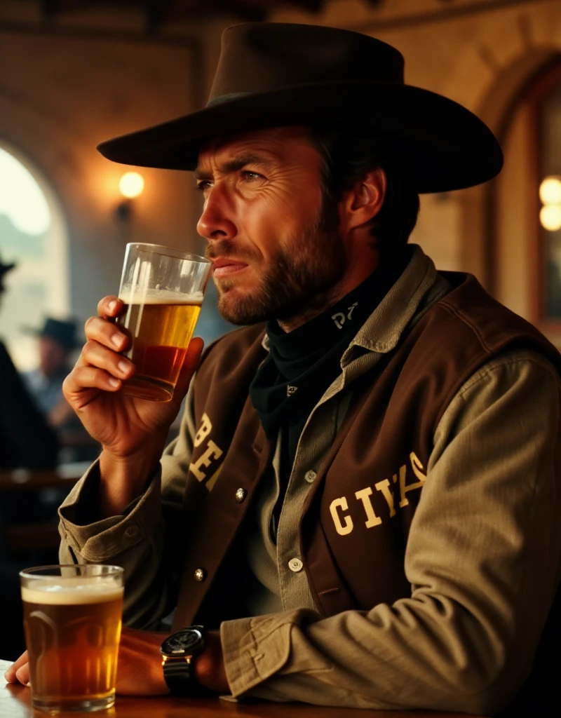 The man with no name is wearing a cowboy outif with the text "CIVITAI" and a hat. he is having a beer in a farwest saloon<lora:The_man_with_no_name:0.9>