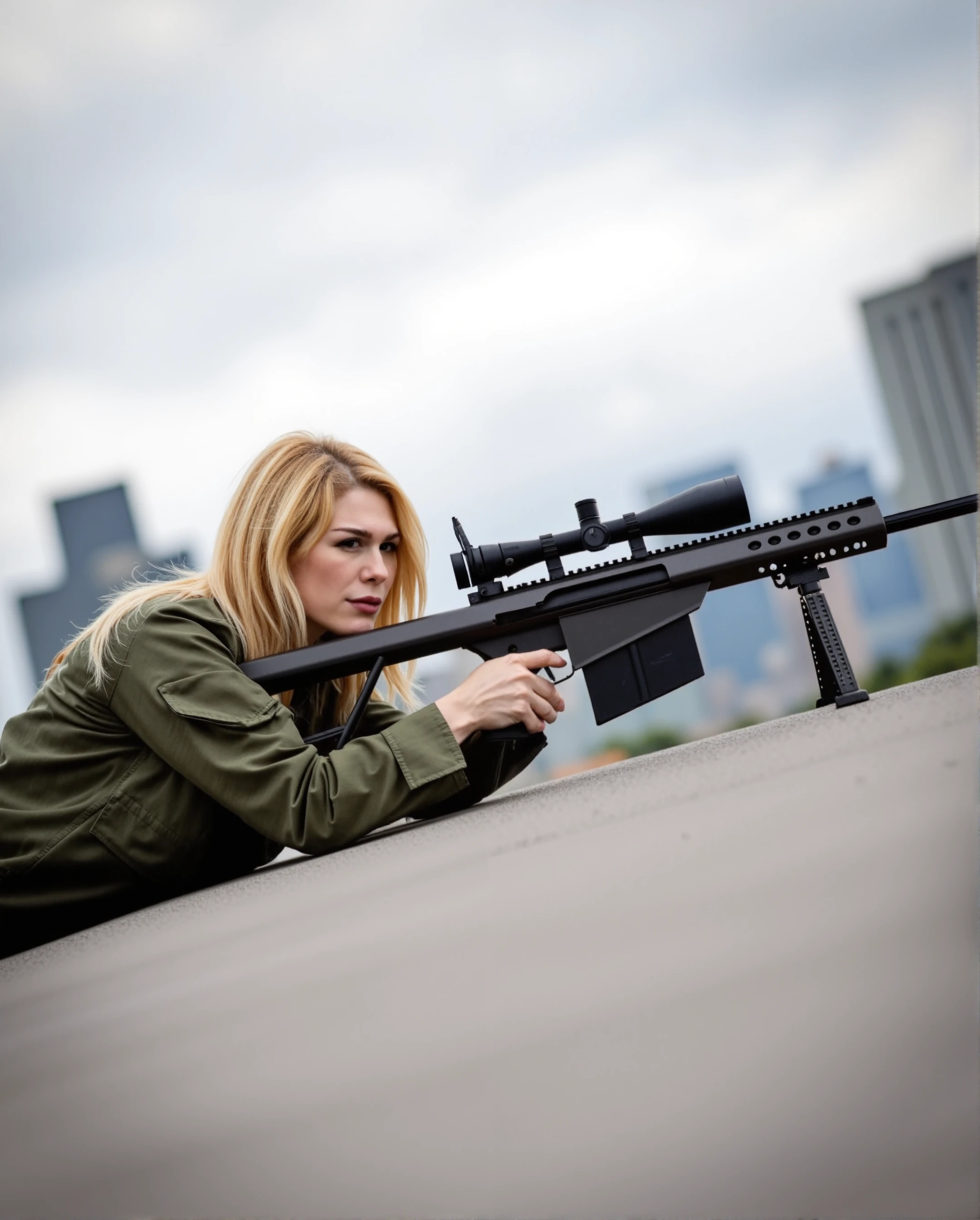 A photograph of L3M01N3, clad in a military uniform, lying prone on a rooftop. She holds a Barrett M82 sniper rifle, aiming with precision and focus. Her long blonde hair is neatly tied back, and her expression is one of intense concentration. The backdrop is a cityscape under a cloudy sky, adding to the tension and gravity of the scene. This image captures a powerful and dramatic moment, highlighting her strength and determination in a high-stakes situation.<lora:flux\personas\Lemoine_Flux.safetensors:1.0:1.0> <lora:flux\estilos\Barrett_M82-000004.safetensors:1.0:1.0>