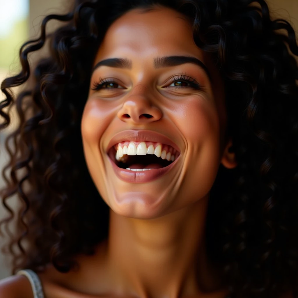 A close-up portrait of a sexy Brazilian woman with clear chestnut-brown eyes and golden-brown skin. This is a profile portrait of her face, sunlight is illuminating the front of her face. She is laughing with her head back and mouth open, revealing a set of perfect white teeth. Hyper realistic skin texture. sexy, Brazilian, woman, golden-brown skin, voluminous, long, black curly hair