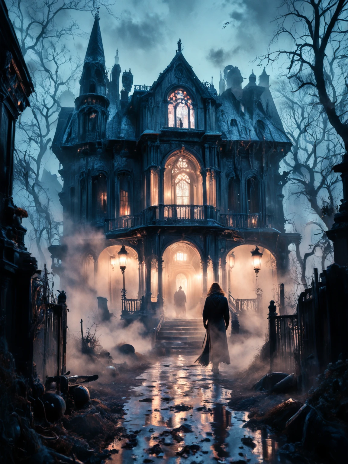 score7_up, <lora:Misty-Halloween_pXL_LOREVER-000008:1> hallomist, Photography of a manor in the mist, strange atmospher, fog, in the night, dark scenery,  detailed realistic architecture, perfect contrasts, detailed shadows, low key lighting