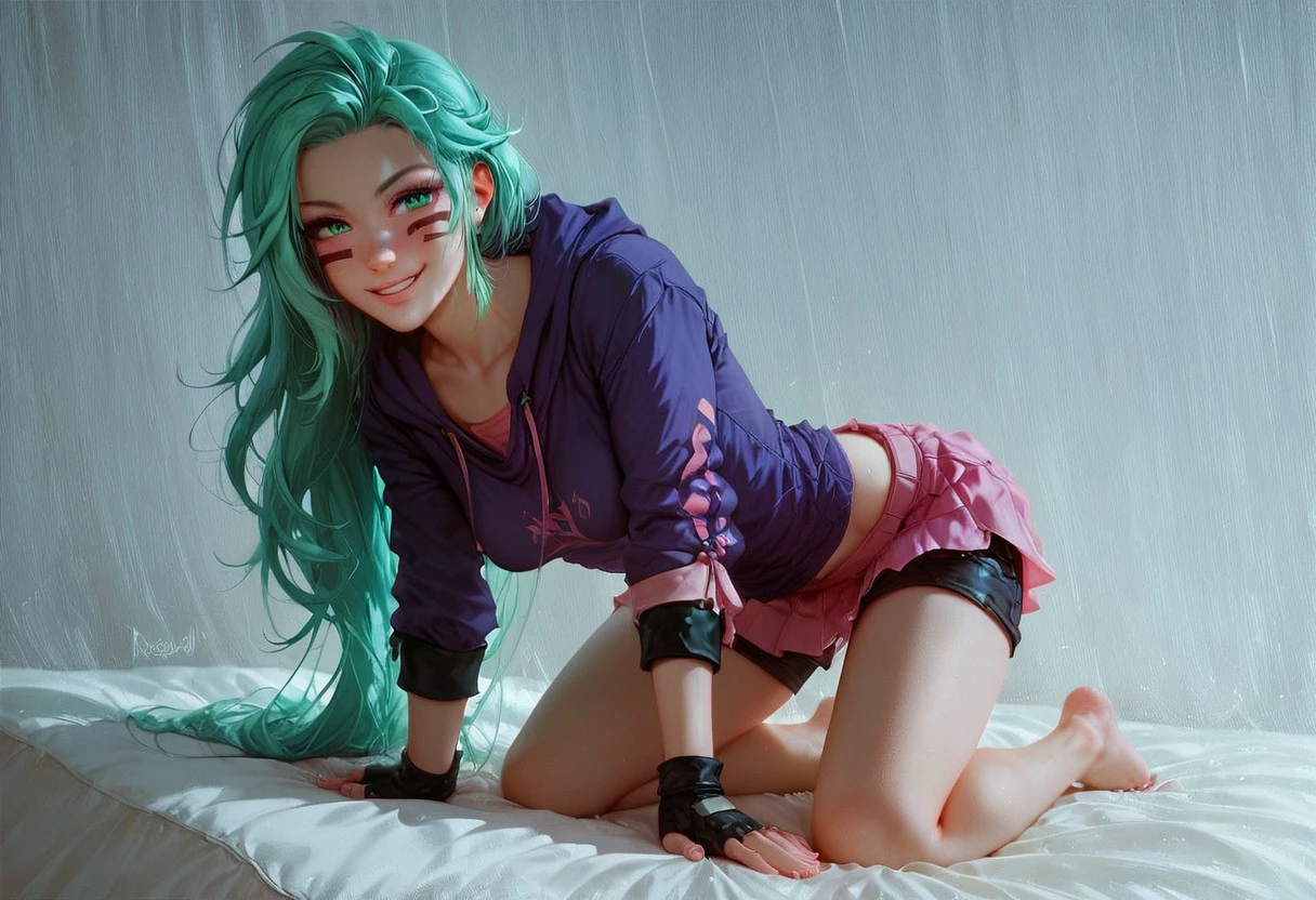 score_9, score_8_up, score_7_up,score_6_up, Expressiveh, 1dk, score_9, 1girl, (((solo))), perfection,  toned,  slim,  slender,  full body view,  zoomed out, medium breasts, 
Embarrassed,  smile,
 On bed,  
ReeseChlorisRWBY,
Green hair,  long hair,  green eyes,  facial marking,  oversized purple hoodie, pink skirt over black shorts,  kneepads, fingerless gloves,