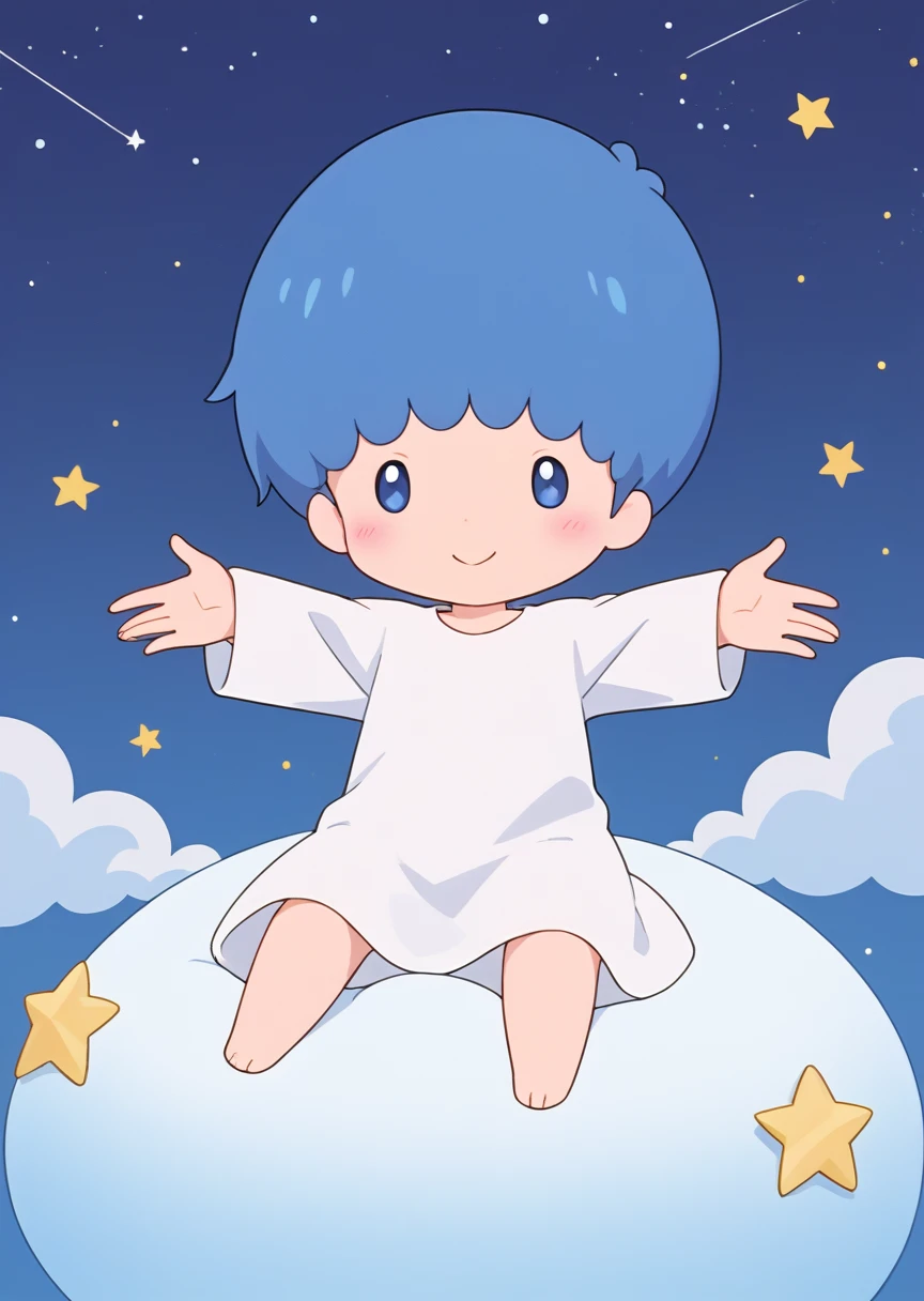 score_9, score_7_up, source_anime, BREAK
kikitw1n, human, male, solo, blush, smile, short hair, shirt, long sleeves, 1boy, blue hair, white shirt, male focus, night sky, cloud, chibi, star (symbol), white dress, outstretched arms, no nose, sitting on cloud, portrait, barefoot