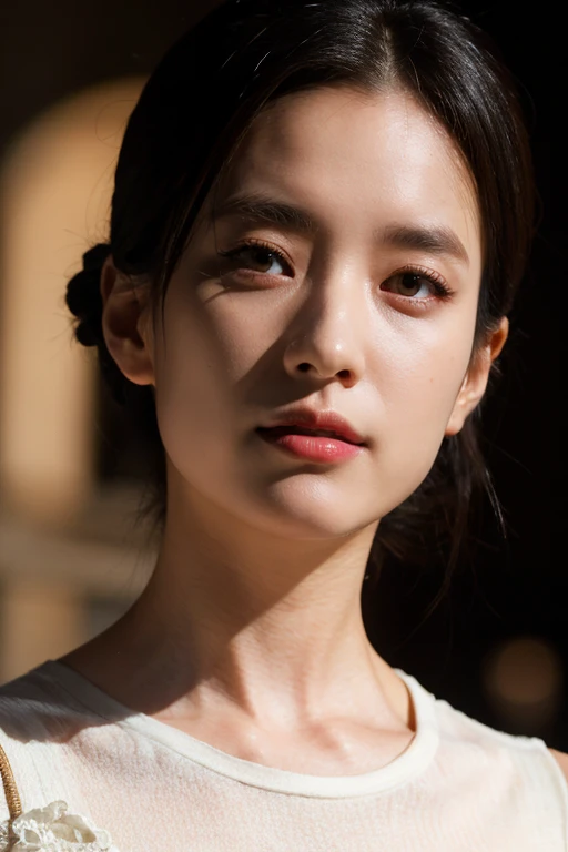 hyper realistic lifelike texture dramatic lighting unreal engine trending on art station, award winning photo, nikon RAW photo,8 k, Fujifilm XT3,masterpiece, best quality, realistic, photorealistic, ultra detailed, extremely detailed face, solo,1girl, standing, fashionable and trendy atmosphere, high-end makeup products, and a stylish expression on her face, close up, t-shirt