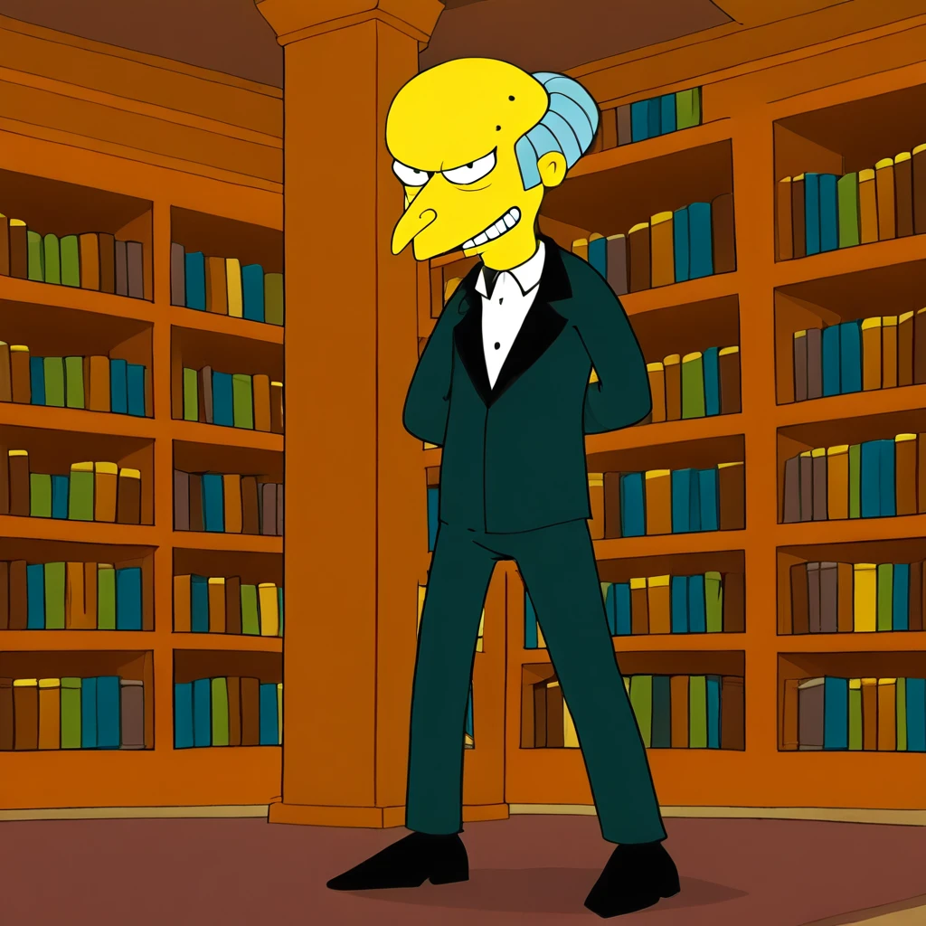 score_9, score_8,score_7,score_6 1boy Solo Mr Burns, dark suit, sadistic grin in library