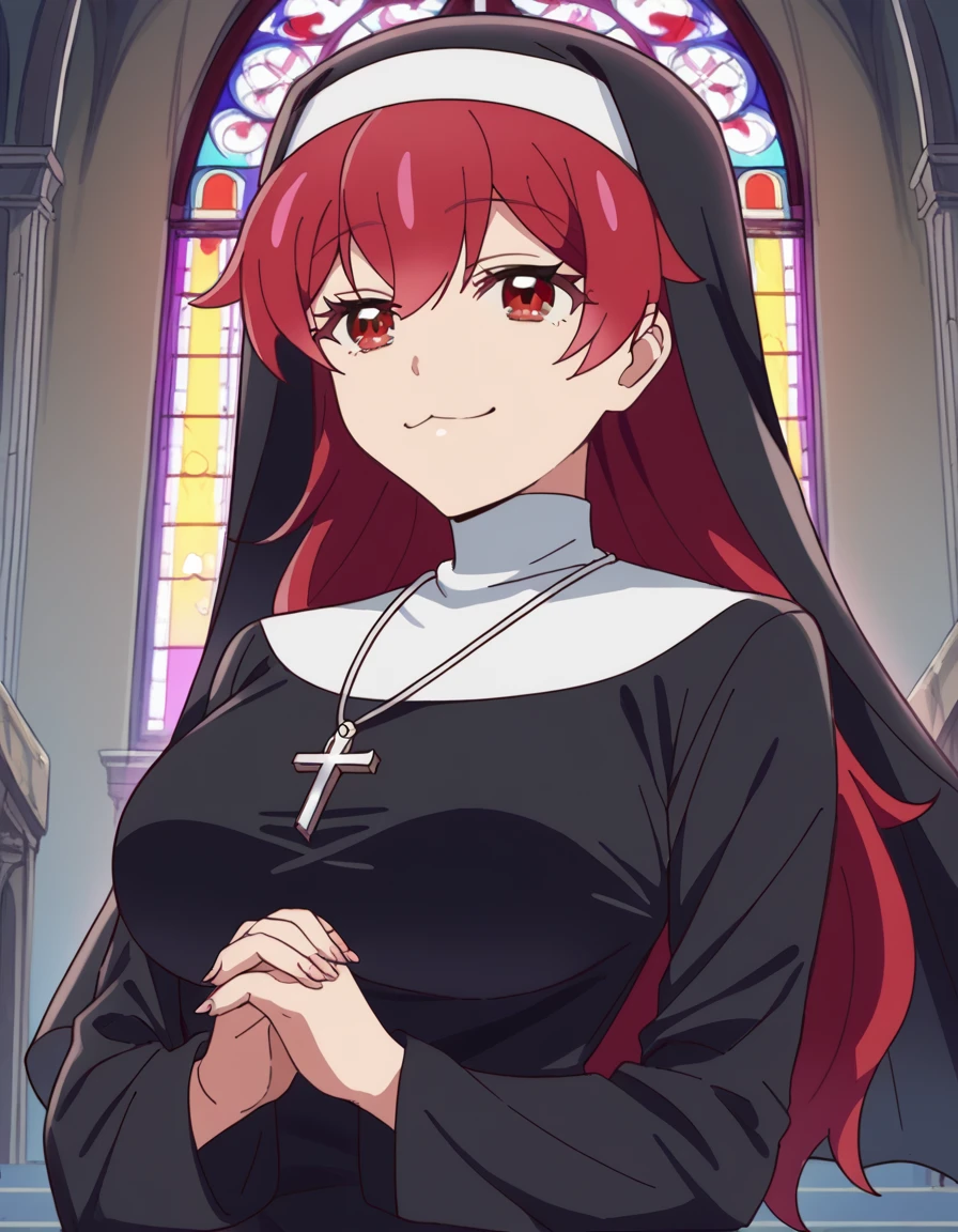 score_9, score_8_up, score_7_up, source_anime, <lora:natsumi-oohashi-s1-ponyxl-lora-nochekaiser:1>, natsumi oohashi, long hair, red eyes, red hair, large breasts,, <lora:traditional-nun-ponyxl-lora-nochekaiser:1>, traditional nun, nun, habit, long sleeves, dress, black dress, jewelry, black veil, cross, cross necklace,, church, smug, praying,, , dutch angle, cowboy shot