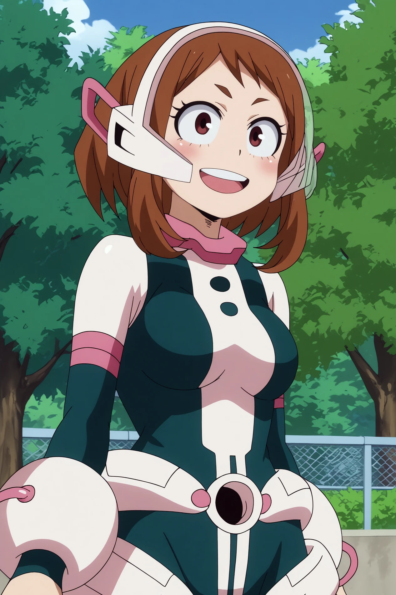 ochaco uraraka,1girl,solo,bodysuit,blush stickers,short hair,sidelocks,breasts,medium breasts,looking at viewer,helmet,boots,smile,open mouth,upper teeth only,upper body BREAK outdoors,open field,tall trees,school buildings, light breeze  <lora:Ochaco_Uraraka_-_My_Hero_Academia.safetensors:0.8>