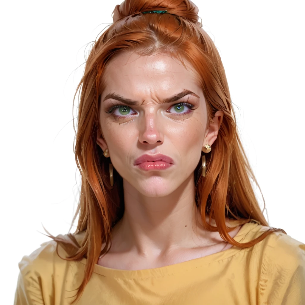 score_9, score_8_up, score_7_up, 1girl, FCLHGE, xvickyx, orange hair, long hair, green eyes, lipstick, earrings, yellow shirt, brown skirt, high heels, hair bun, ,1girl, solo, kneeling,disgusted expression, pursed lips, portrait, white background perfect eyes details, zPDXL2