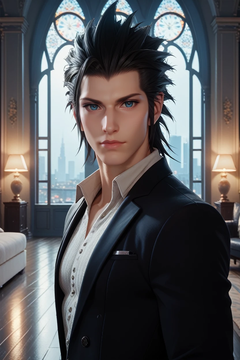 score_9, score_8_up, score_7_up,
<lora:FFZack:0.8>
FFZack, 1boy, black hair, spiked hair, blue eyes, looking at viewer, in a modern high-rise apartment, wearing a sleek tuxedo, overlooking a bustling city at night, floor-to-ceiling windows, high contrast lighting, elegant and refined