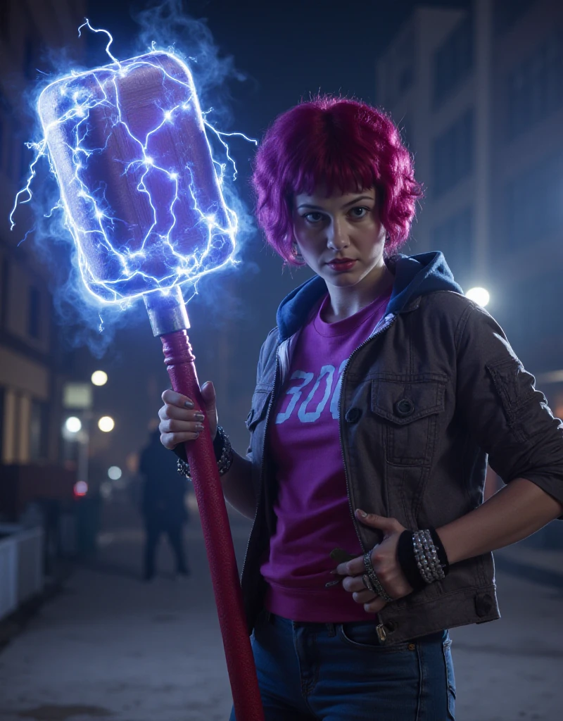 Ramona Flowers is holding a giant mystical hammer. The hammer is covered with lightning energy<lora:RamonaFlowers-000012:0.9>