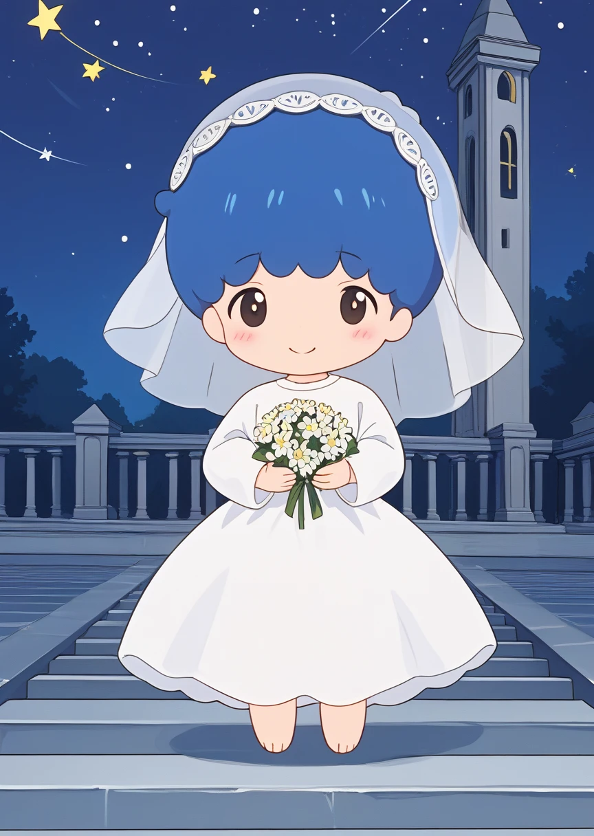 score_9, score_7_up, source_anime, BREAK
kikitw1n, human, male, solo, blush, smile, short hair, shirt, long sleeves, 1boy, blue hair, white shirt, male focus, night sky, cloud, chibi, star (symbol), white dress, holding flowers, no nose, wedding dress, wedding veil, barefoot, church