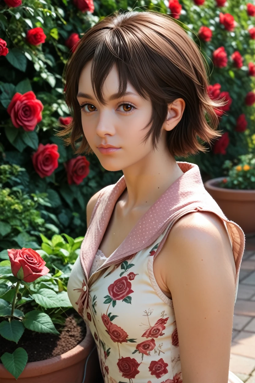 score_9, score_8_up, score_7_up,
<lora:FFIris:0.8>
FFIris, 1girl, brown hair, brown eyes, short hair, looking at viewer, rose garden, gardening, floral background