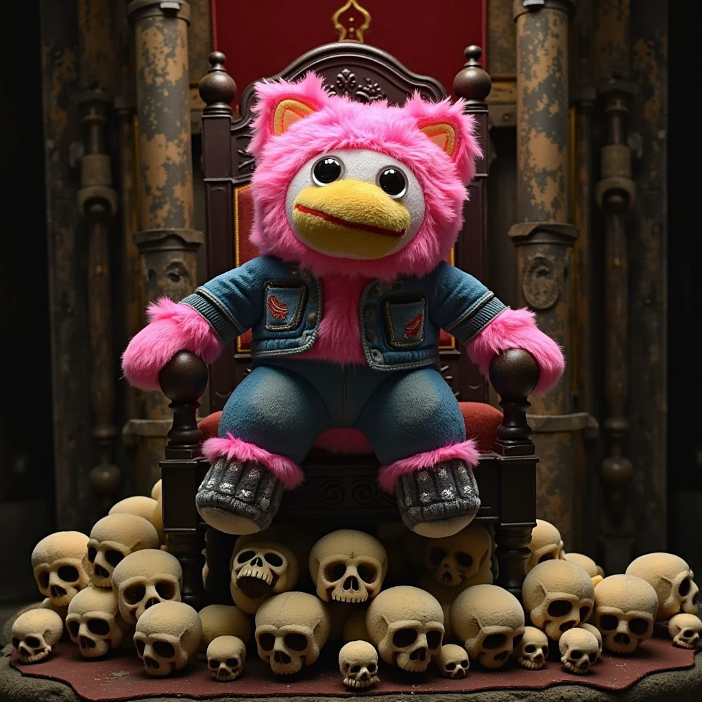 Peepy sitting atop a throne of skulls