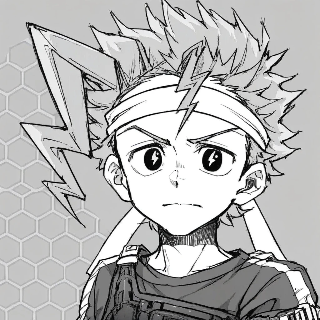 1boy,solo,shieru kaminari,gold hair,tanned skin,spiky hair,green headband,teal eyes,yellow thunder-shaped pupils,gray long sleeves t-shirt,vest bag,yellow comb pattern black baggy pants,manga,grayscale,monochrome