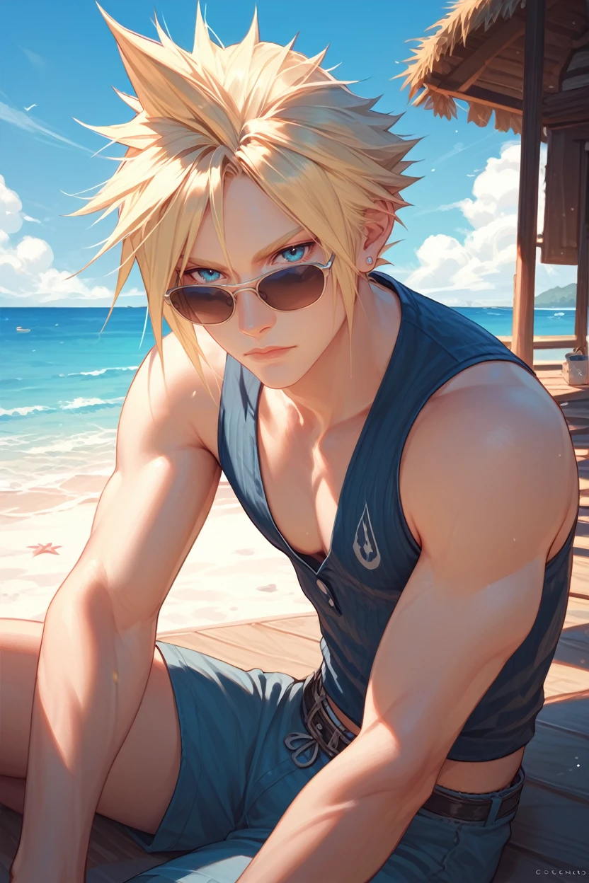 score_9, score_8_up, score_7_up,
<lora:FFCloud:0.8>
FFCloud, 1boy, blonde hair, spiked hair, blue eyes, looking at viewer, in a casual summer outfit, sitting on the steps of a beach house, sunglasses on, ocean in the background, relaxed and carefree mood