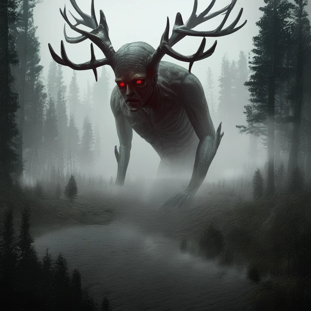 source_anime, source_game, score_9, score_7_up, (CR33P1NGF0G, fog), solo, creature, the_witcher_(series), fog, dark, night, haze, no_humans, scenery, forest, antlers, monster, red eyes, glowing, detailed, the_witcher_3 , detailed background,