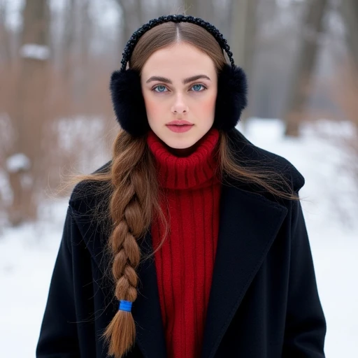 Middle shot photograph of a brunette woman with a long braid wearing a red cashmere sweater, black wool coat, standing outside in the snow, black earmuffs