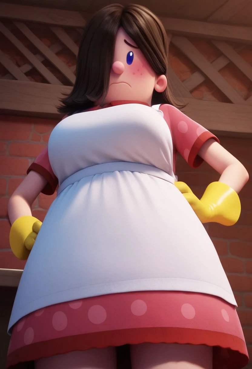 edith (captain underpants), 1girl, dark brown hair, hair over one eye, hair covering one eye, dot blue eyes, freckles, blush, pink polka dot dress, short sleeves, white apron, yellow dishwashing gloves, pink mary janes, white socks, plump, Expressiveh, shy, score_8_up, score_7_up, BREAK, 1girl, solo, looking at viewer, cute, from below, hands on hips, head tilt, female focus, looking at viewer, detailed background, 4k, masterpiece, best quality, highly detailed, realistic, low-angle shot, realistic, 3d,