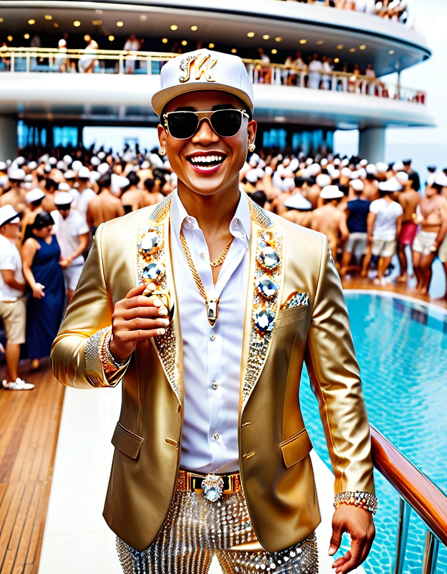 UHD, 8K, ultra detailed, highly realistic photo of full shot photo, attractive  Asian man wearing open shirt blingbling, smile, visible teeth, baseball cap, earrings, sneakers, background is a crowded cruise ship pool deck filled with shirtless men drinking, (high resolution 8K photo quality:1.3)