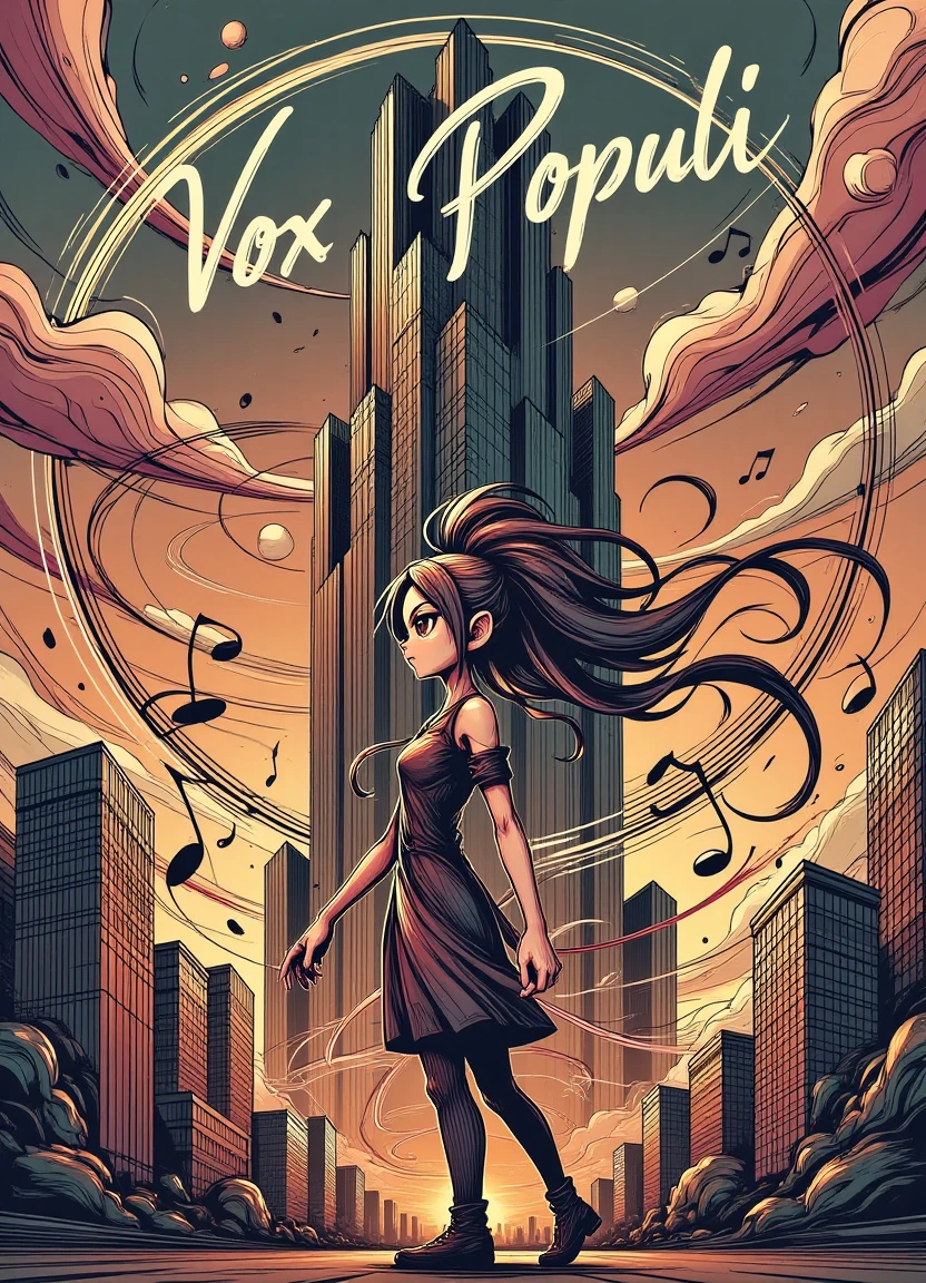 A vibrant anime-inspired cityscape at sunset with a sprawling futuristic skyscraper in the background and a young woman standing proudly in the foreground, surrounded by a symphony of musical notes and rhythms that seem to be alive and swirling around her, with text "Vox Populi" emblazoned across the sky.