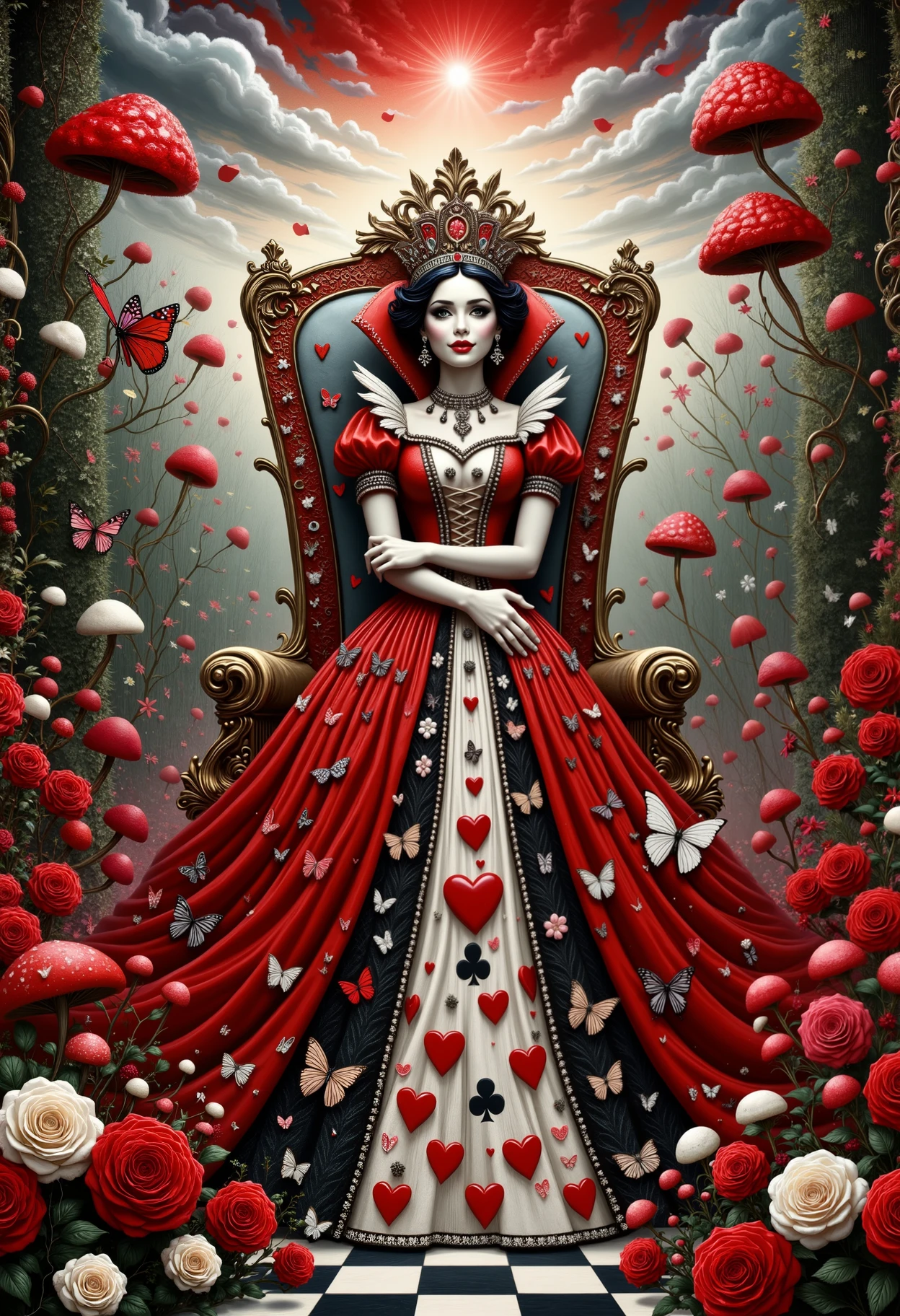 In a vibrant, surreal garden filled with oversized roses painted in vivid reds and whites, the Queen of Hearts stands regally on her ornate throne, draped in a flowing gown adorned with heart motifs, each heartbeat seemingly echoing her volatile temperament. The air is thick with tension as her sharp, piercing gaze scans her court, where playing cards serve as her loyal subjects, their expressions a mix of fear and obedience. Twisted hedgerows frame the scene, their tops shaped like giant, whimsical curls, while a checkerboard pathway stretches into the distance, punctuated by clusters of fluttering butterflies and peculiar toadstools that sway gently in the uncanny breeze. Above, surreal clouds drift lazily, casting playful shadows, as the ever-present threat of her booming decreeâOff with their heads!âlingers ominously in the air, infusing the scene with an unsettling charm.