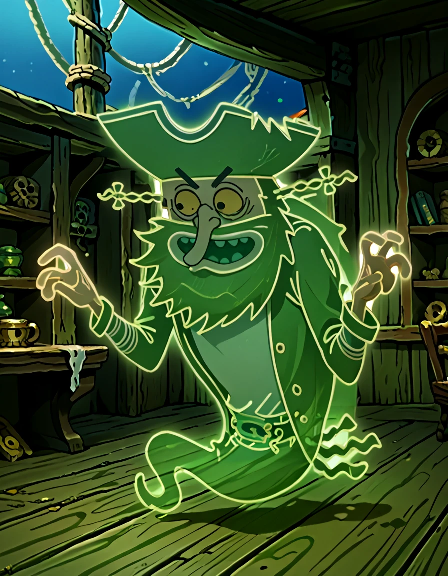 <lora:Flying_Dutchman_PONY:1> ghost, pirate, ghost pirate, green-glowing transparent, mustache, transparent, tattered clothes, coat, ghost tail,, source_cartoon, score_9, score_8_up, score_7_up, score_6_up, score_5_up, score_4_up,