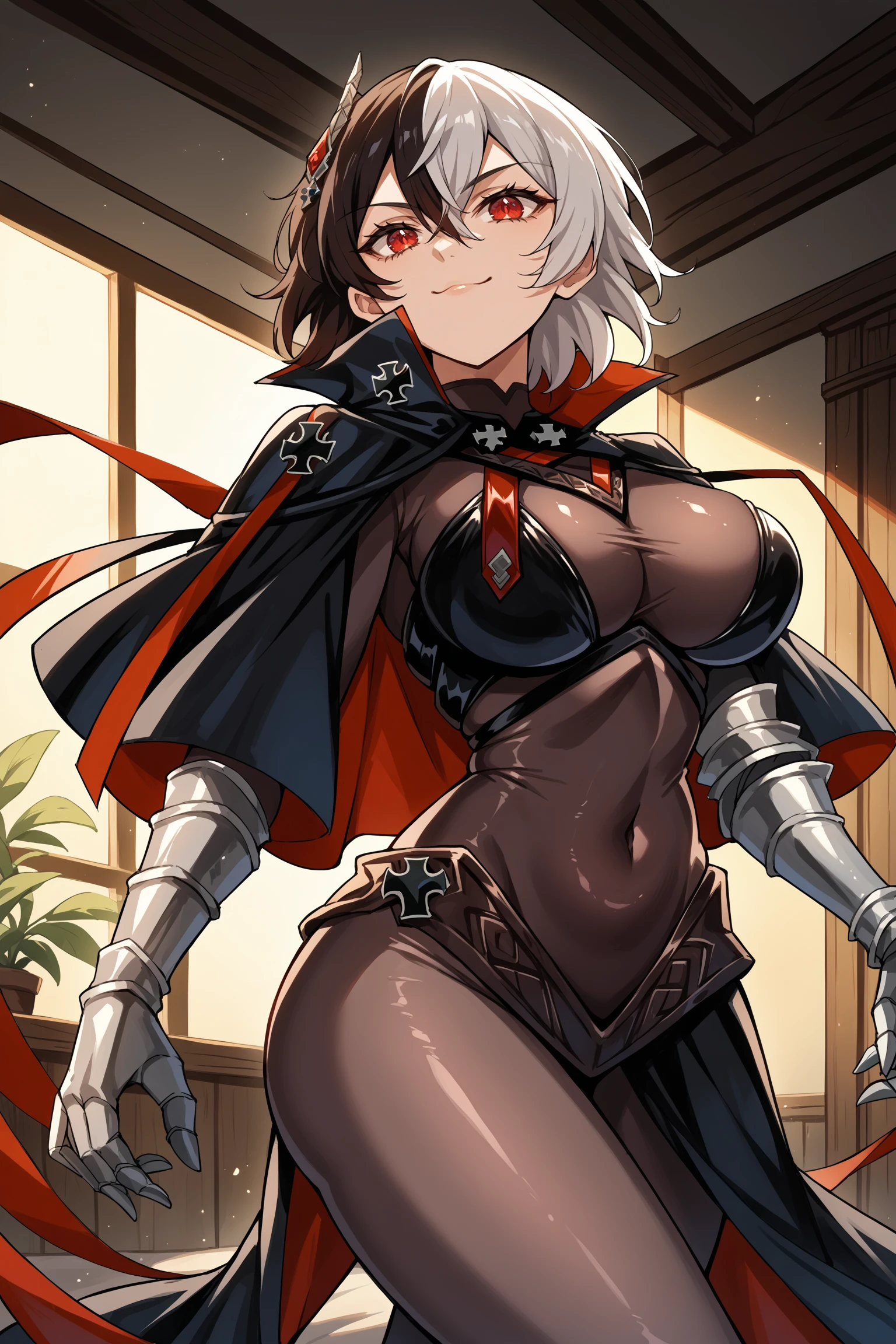 asagi,1girl, mature female, blue hair, long hair, bangs, hair between eyes, green eyes, breasts, solo, huge breasts,ingridoutfit, red cape, halterneck, center opening, detached sleeves, black gloves, underwear, panties, black panties, navel, underboob, thighhighs, black thighhighs, highleg panties, high collar, black footwear, thigh boots, high heels,cowboy shot,cameltoe,indoor,embarrassed,full-face blush,shy