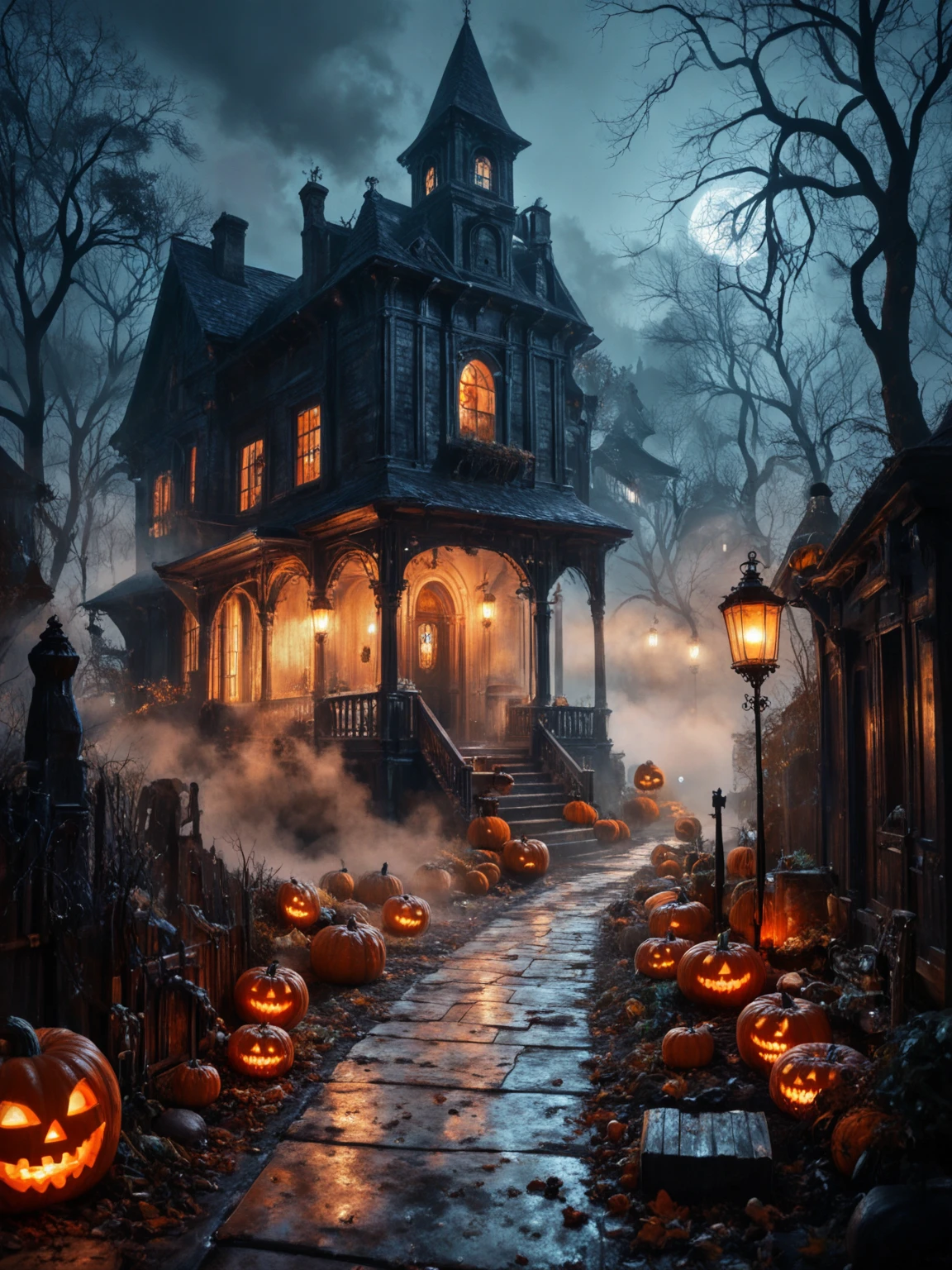 score7_up, <lora:Misty-Halloween_pXL_LOREVER-000008:0.7> hallomist, Photography of a lonely manor in the mist, strange atmospher, fog, night, dark scenery, tombs, pumpkins, detailed realistic architecture, perfect contrasts, detailed shadows, low key lighting