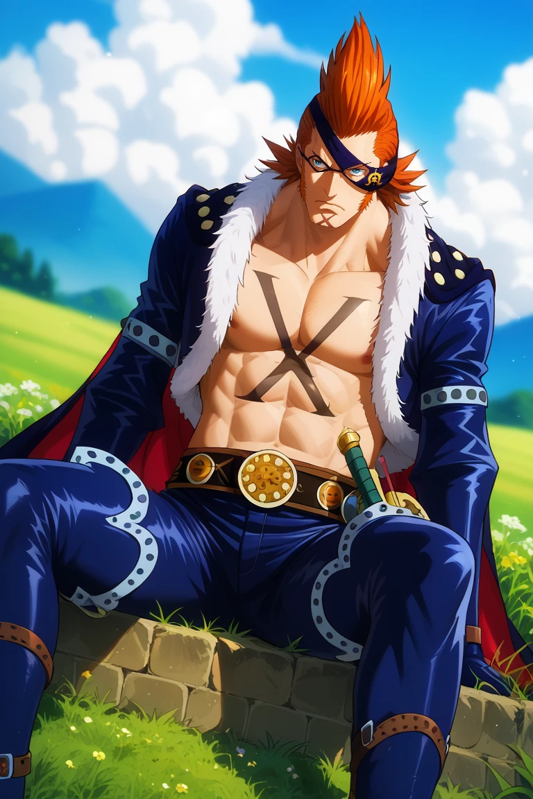 score_9, score_8_up, score_7_up, source_anime, rating_safe, day, natural lighting, male focus, full body, sitting, looking away, DrakeOP, orange_Drake_male hair, blue_Drake_eyes, black_Drake_eye mask, dark brown_Drake_chin scar, dark blue-white_Drake_fur-trimmed open jacket, black_Drake_X tattooed torso, grey_Drake_armbands, dark blue_Drake_elbow gloves, black-red-yellow_Drake_cape, blue_Drake_pants, brown-yellow-orange_Drake_belt, dark blue-gray_Drake_trimmed thigh boots, brown_Drake_boots straps, closed mouth, serious, 1boy, blurry outdoors grass, dutch angle, intricately detailed illustration, atmospheric perspective, depth of field, realistic shading