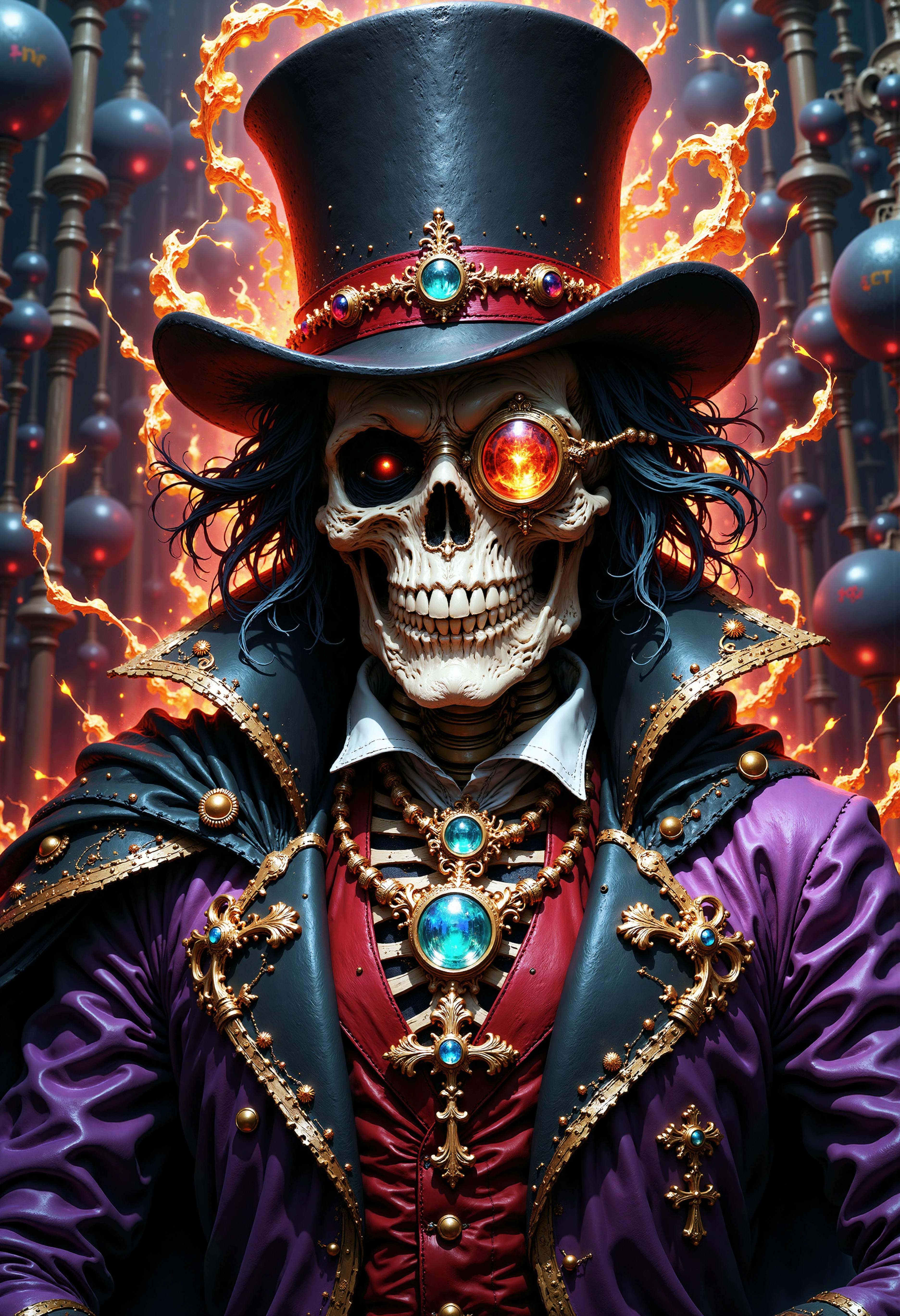 MysticAnimation. A Dynamic, colorful and full of movement, expression and sentiment hyper-realistic version of an extreme closeup of a dapper figure in a stylized, richly detailed black top hat, adorned with decorative golden accents. The character is a skeleton with very detailed skull and a golden teeth. He cloaked in a vibrant black and purple Victorian jacket, featuring intricate golden embellishments and a deep red vest underneath. He wears a large Victorian monocle with a yellow-tinted lens and copper frame very reddish. Exquisite details include a shiny silver cross and a blue gem on the chest, harmonizing with the steampunk locomotive, gold and red elements at the background, blending an impressionistic flair with elements of surrealism. The atmosphere is whimsical and opulent, evoking a sense of grandeur and mystery.