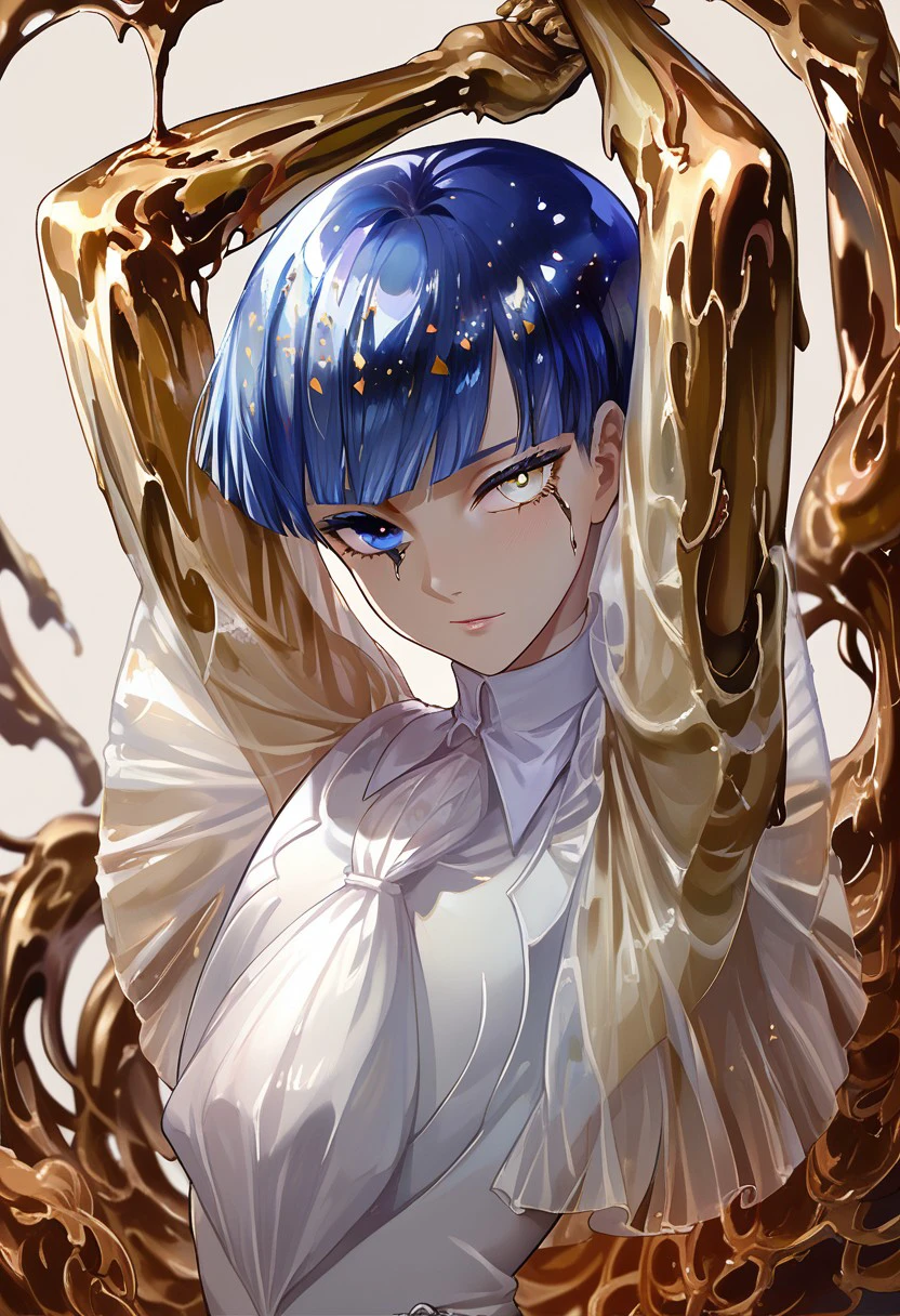 score_9, score_8_up, score_7_up, PhosllXL,androgynous, heterochromia, white eye, blue eye, blue hair, crystal hair, short hair, blunt bangs,golden arms melting, golden arms,hands above head, see-through sleeves, white bodysuit,   <lora:PhosllXL-000010:1.0>