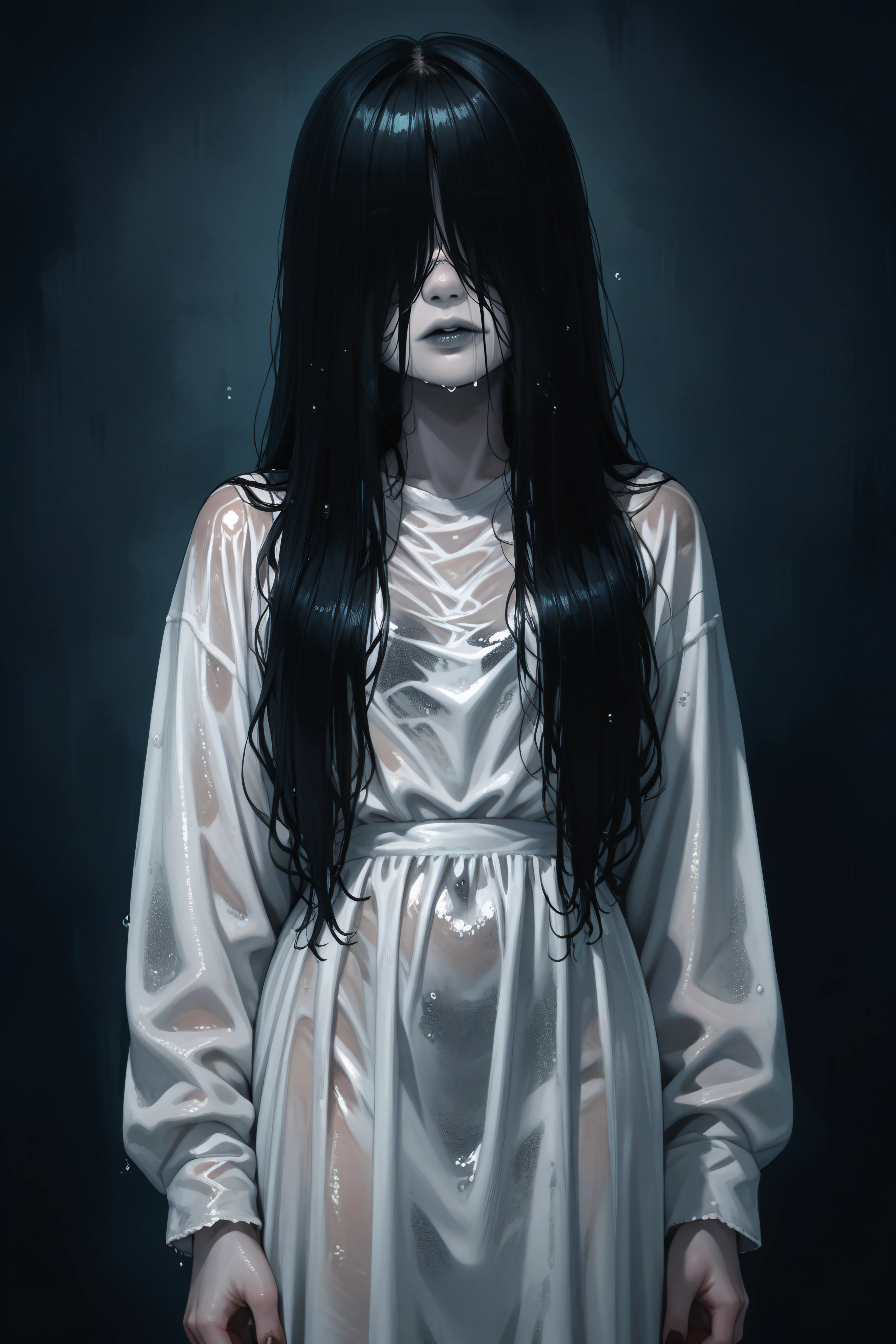 score_9, score_8_up, score_7_up, score_6_up, source_anime, <lora:yamamura sadako-PonyXL-lora-Faxtron:1> yamamura sadako, hair over eyes, black hair, long hair, pale skin, white dress, wet clothes, horror \(theme\),