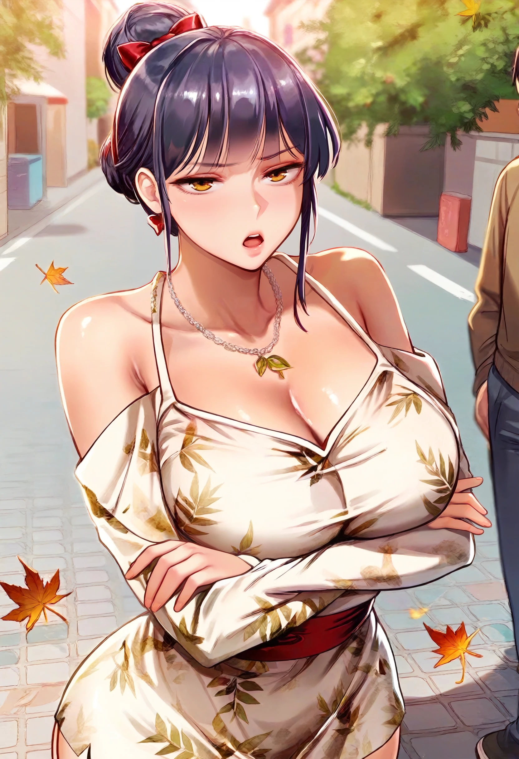 source_anime,score_9,score_8_up,1girl,solo,outdoors,one piece, boa hancock, reverse , 1boy, shota, , forced , , submissive male, side view, dark skinned male, dominant female, femdom, teen boy, teenage boy, young boy, the boy is standing, boy standing, boa hancock kneeling, hetro, heterosexual, dark skinned male 