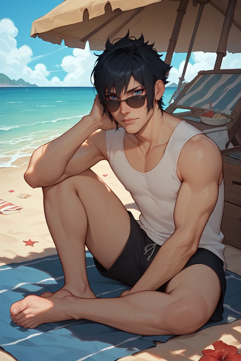 score_9, score_8_up, score_7_up,
<lora:FFNoctis:0.8>
FFNoctis, 1boy, black hair, blue eyes, looking at viewer, in a casual summer outfit, sitting on the steps of a beach house, sunglasses on, ocean in the background, relaxed and carefree mood