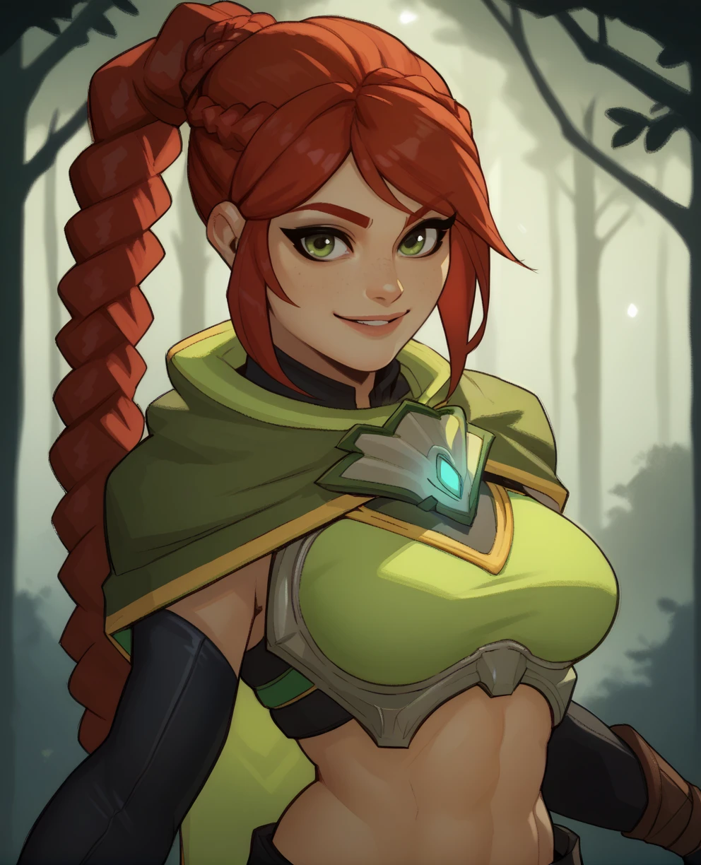 score_9,score_8_up,
Cassiexl,red hair,bangs,braided ponytail,green eyes,looking at viewer,
crop top,fingerless elbow gloves,short green cape,
solo,smiling,
outdoors,forest,
<lora:CassieXL:0.9>,